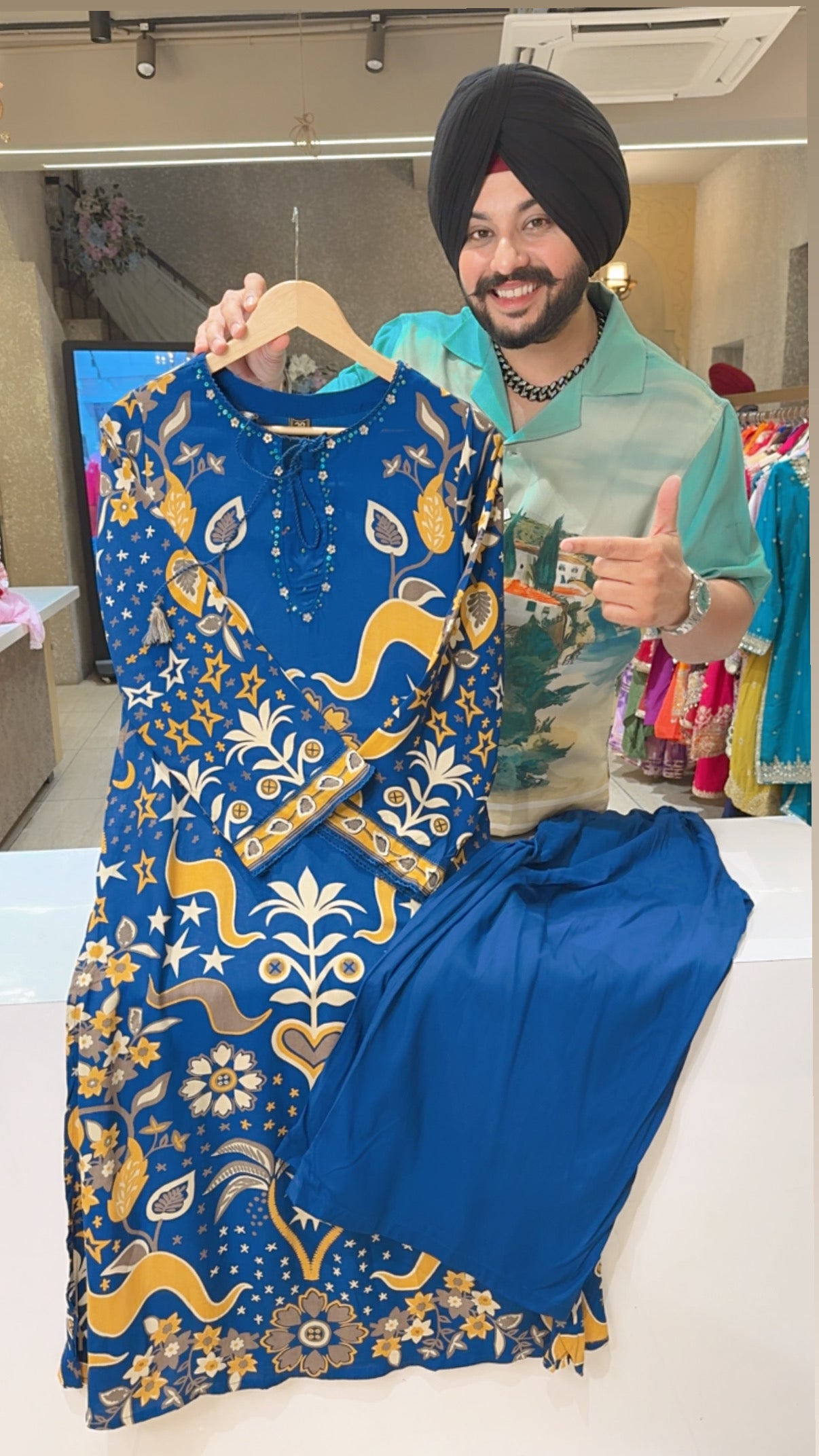 Ink Blue Soft Rayon Long Length English Print Coord set with Designer neck