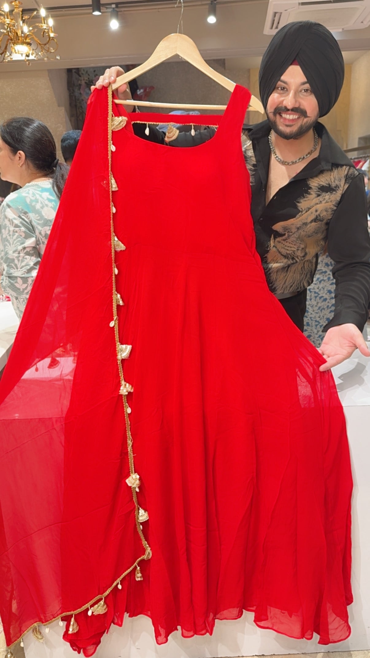 Red Georgette Designer Backless Anarkali Gown with Beautiful Shell & Handwork Hangings on backless Back & Duppata