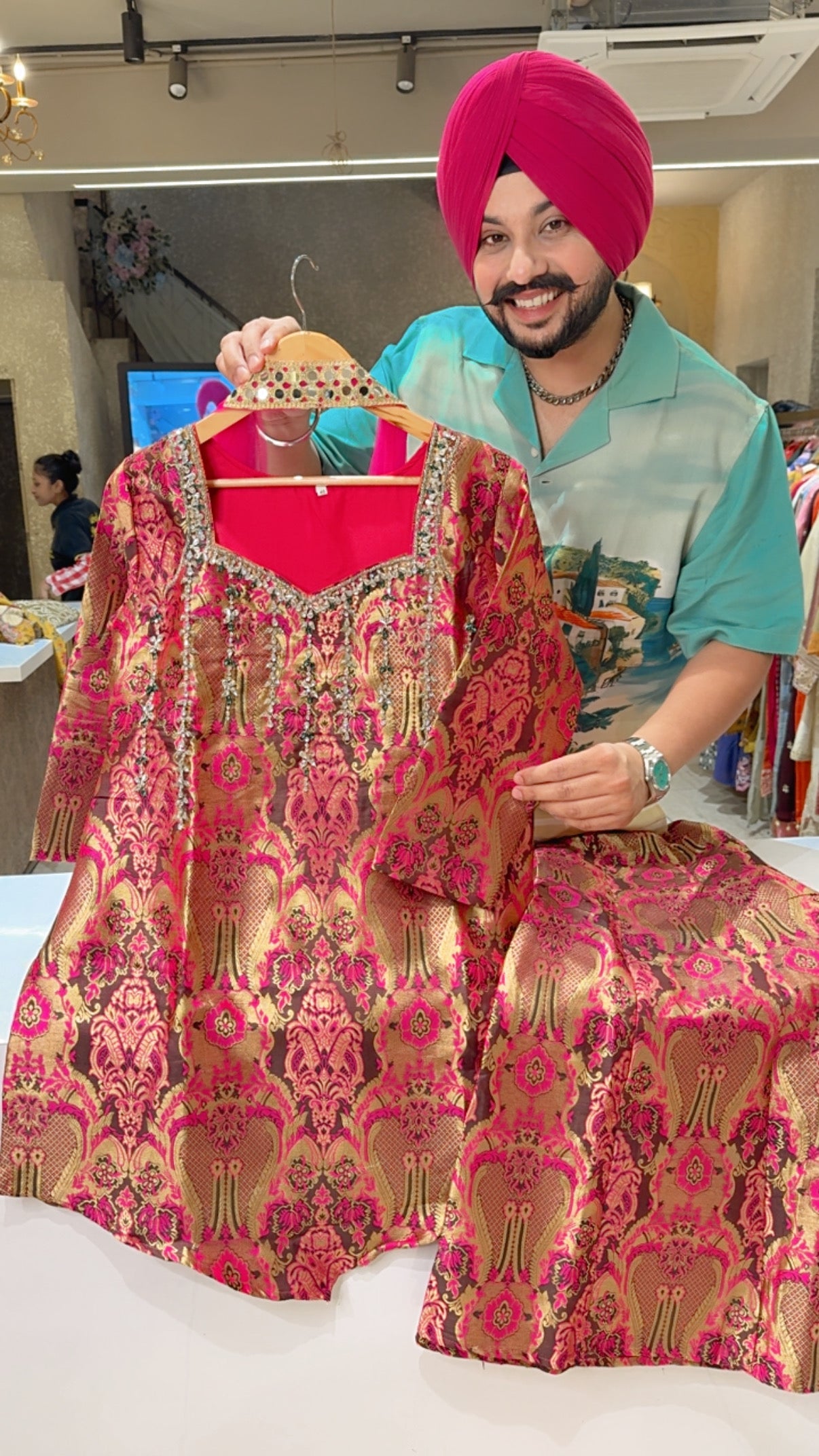 Hot Pink Brocade Silk V-cut Bell Bottom Sharara Set with Stone Work on Neck & with Stylish Necklace Duppata