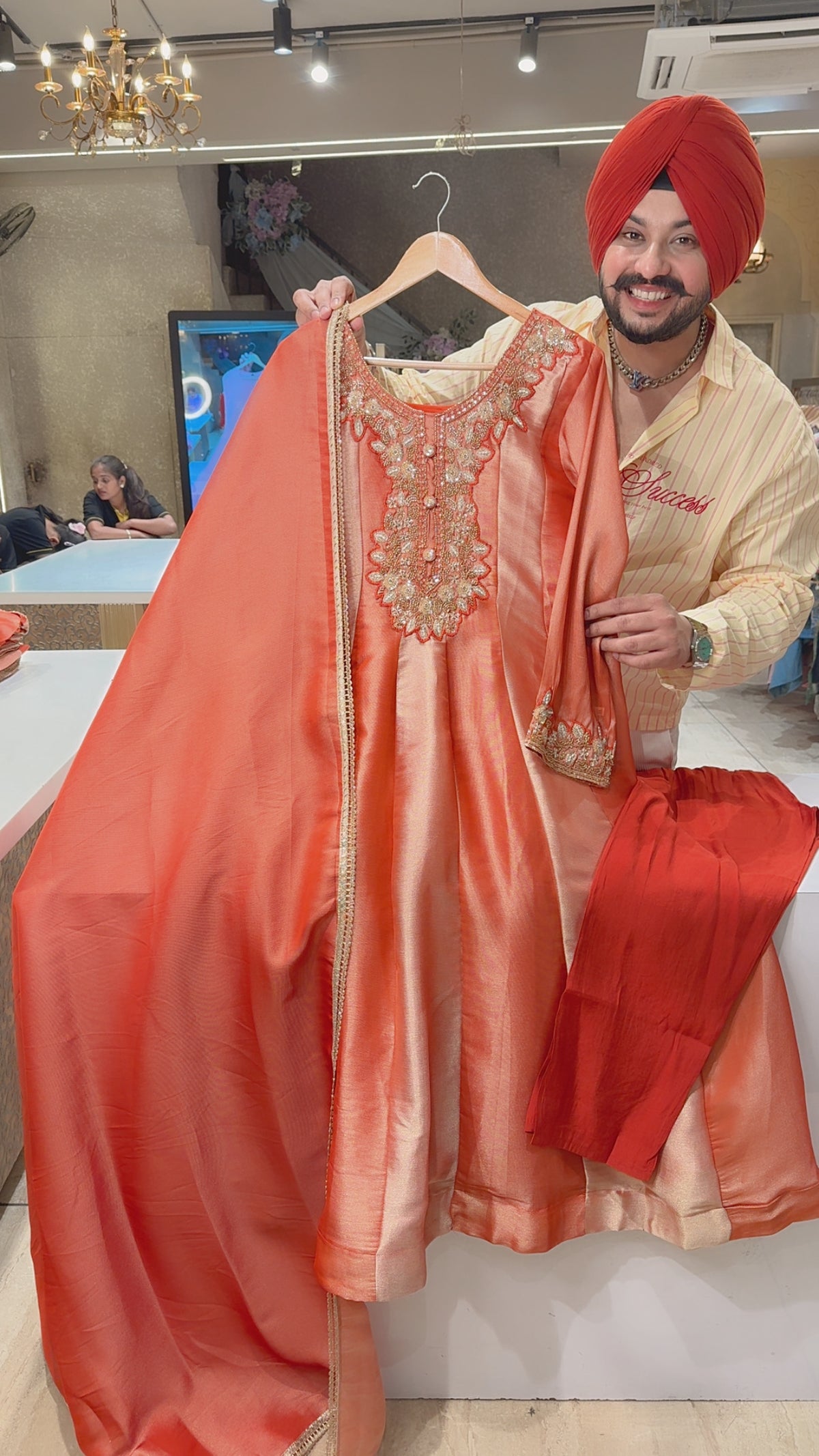 Rusty Orange & Peach Premium Silk Party Wear Anarkali Suit with Heavy Hand embroidery Work On Neck