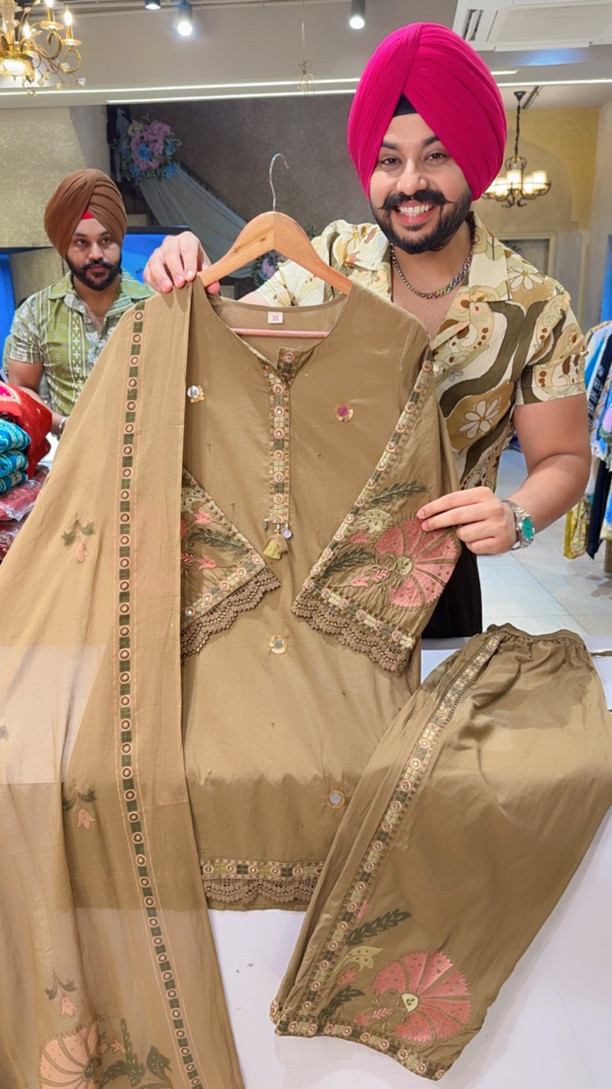 English Brown Soft Cotton Semi Formal Suit with Beautiful embroidery work on n Sleeves & Pants