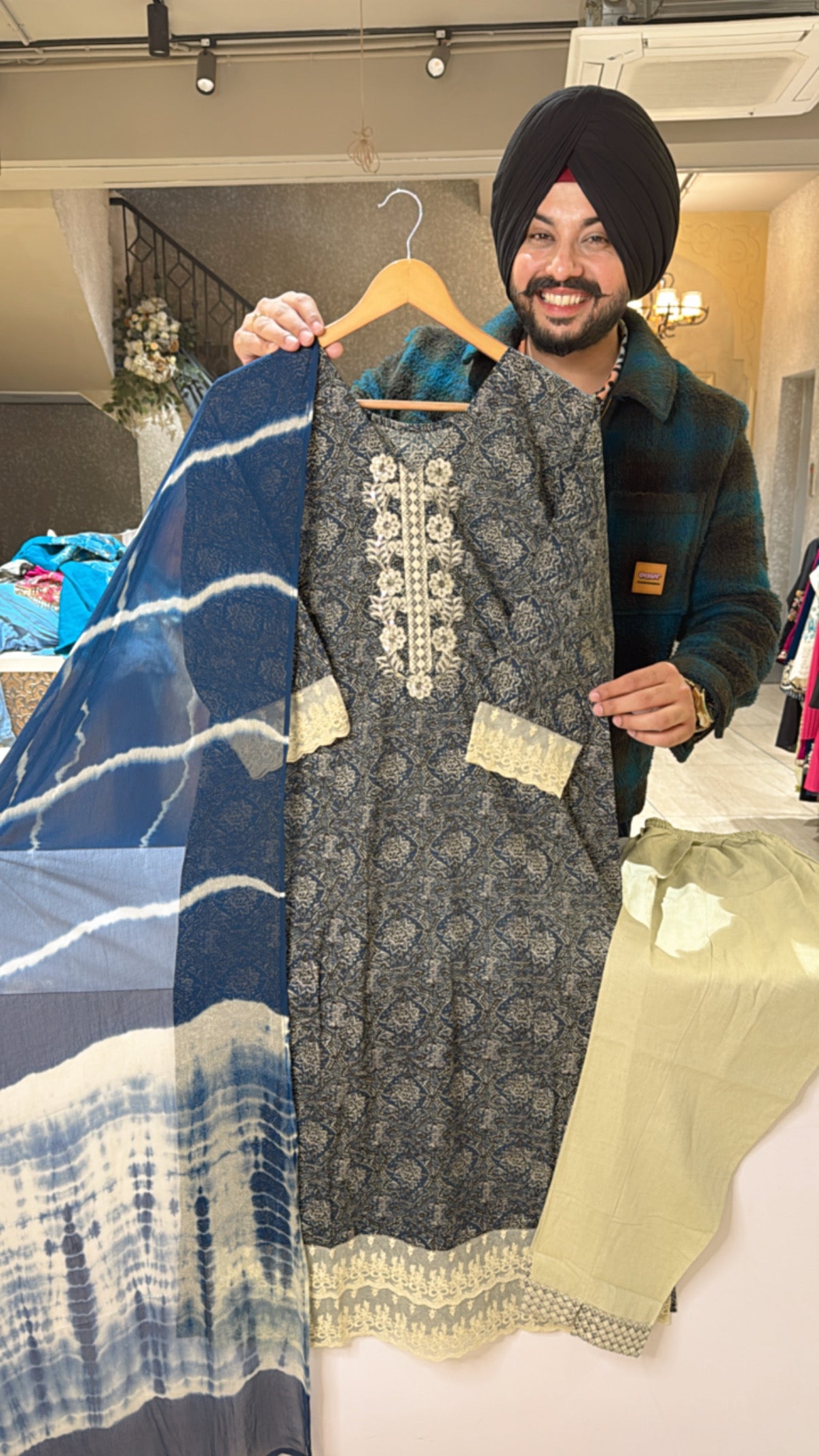 Blue Pure Cotton Embroidered Office Wear suit with Beautiful Chiffon Tye & Dye Duppata