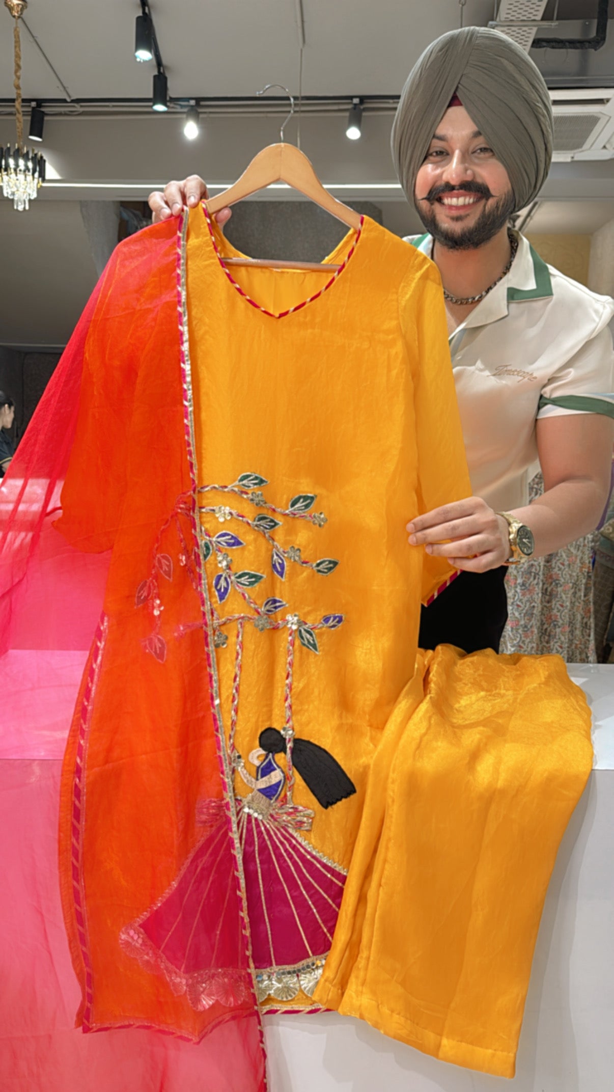 Yellow Gloss Tissue Doll Hand embroidered Straight Suit with Beautiful Organza Duppata