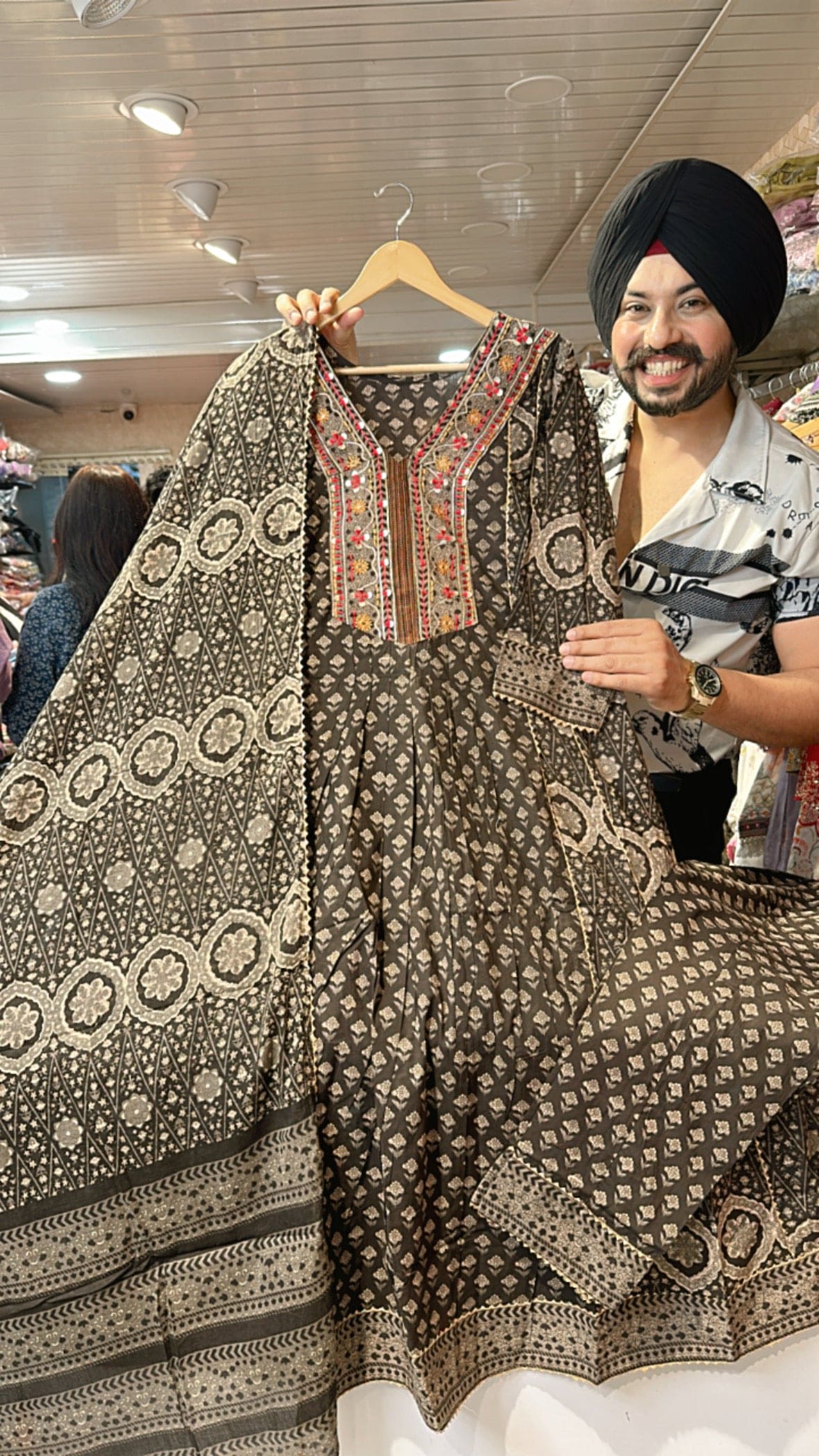 Coffee Pure cotton Embroidered neck Anarkali Suit