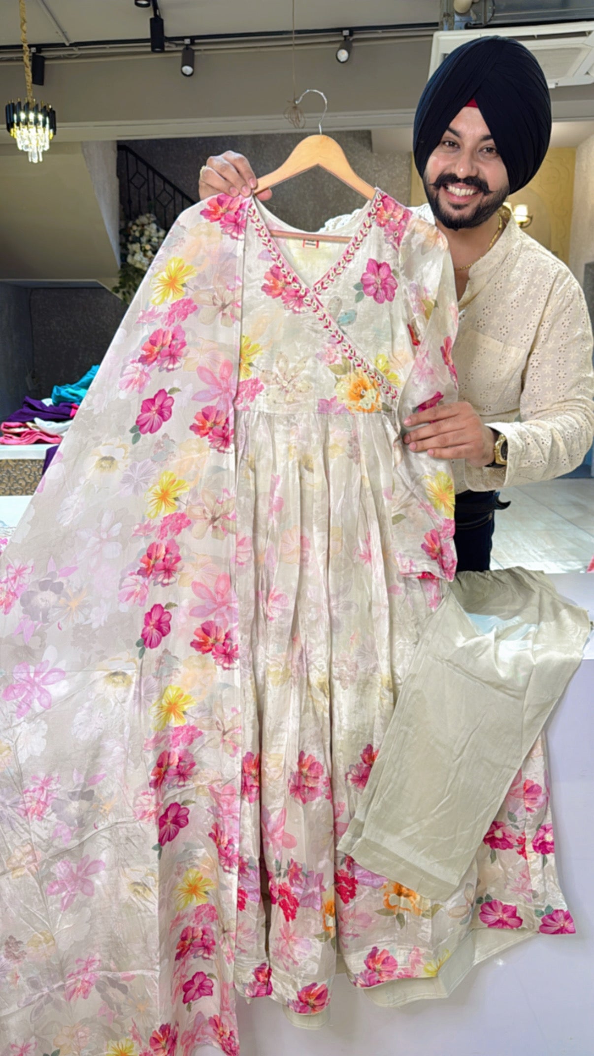 Off White Crepe Floral Print Girish Angrakha Anarkali suit with Beautiful Duppata