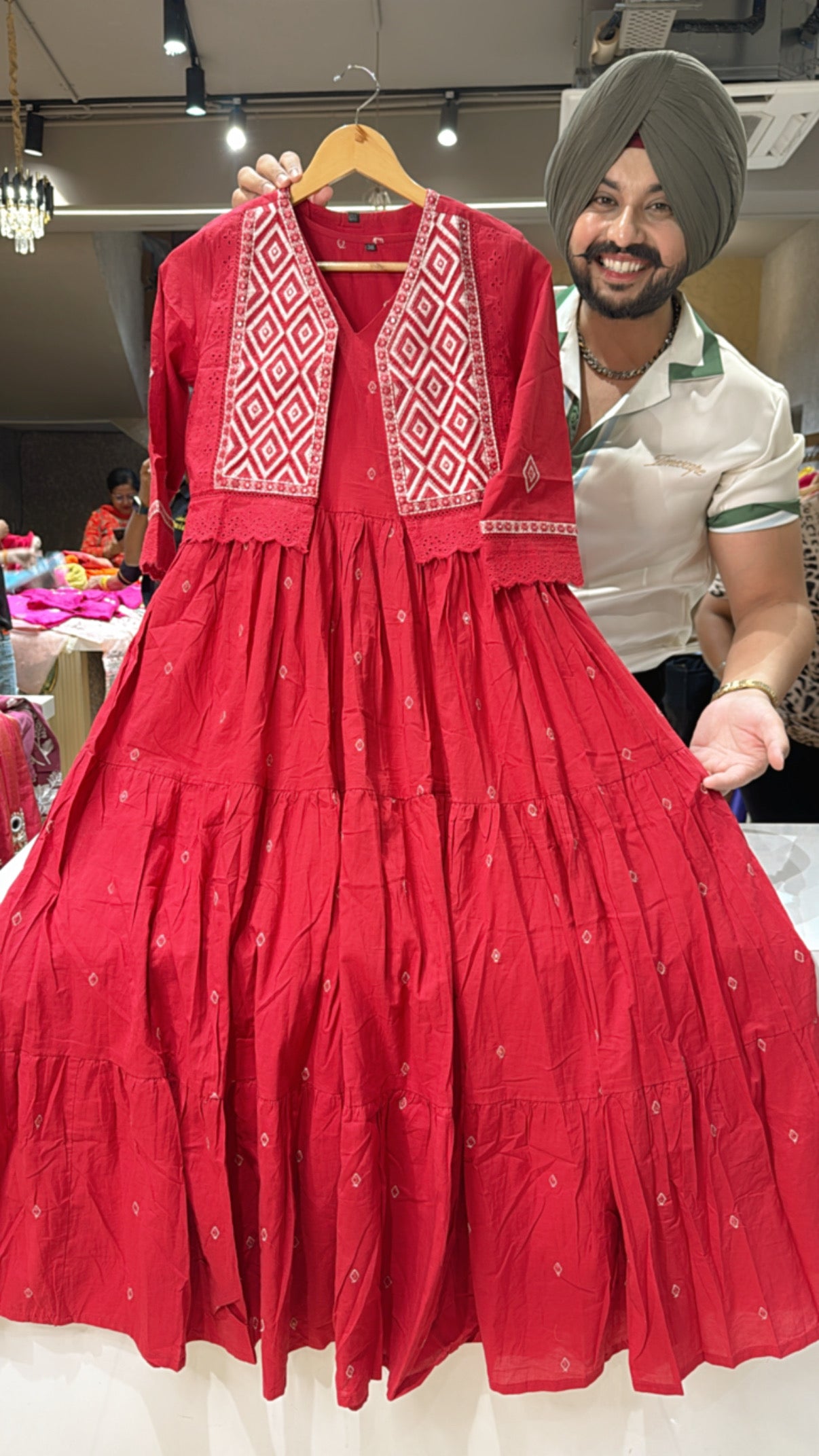 Redish Maroon Pure Cotton Full Flair Indo Western Dress with embroidered Short Jacket