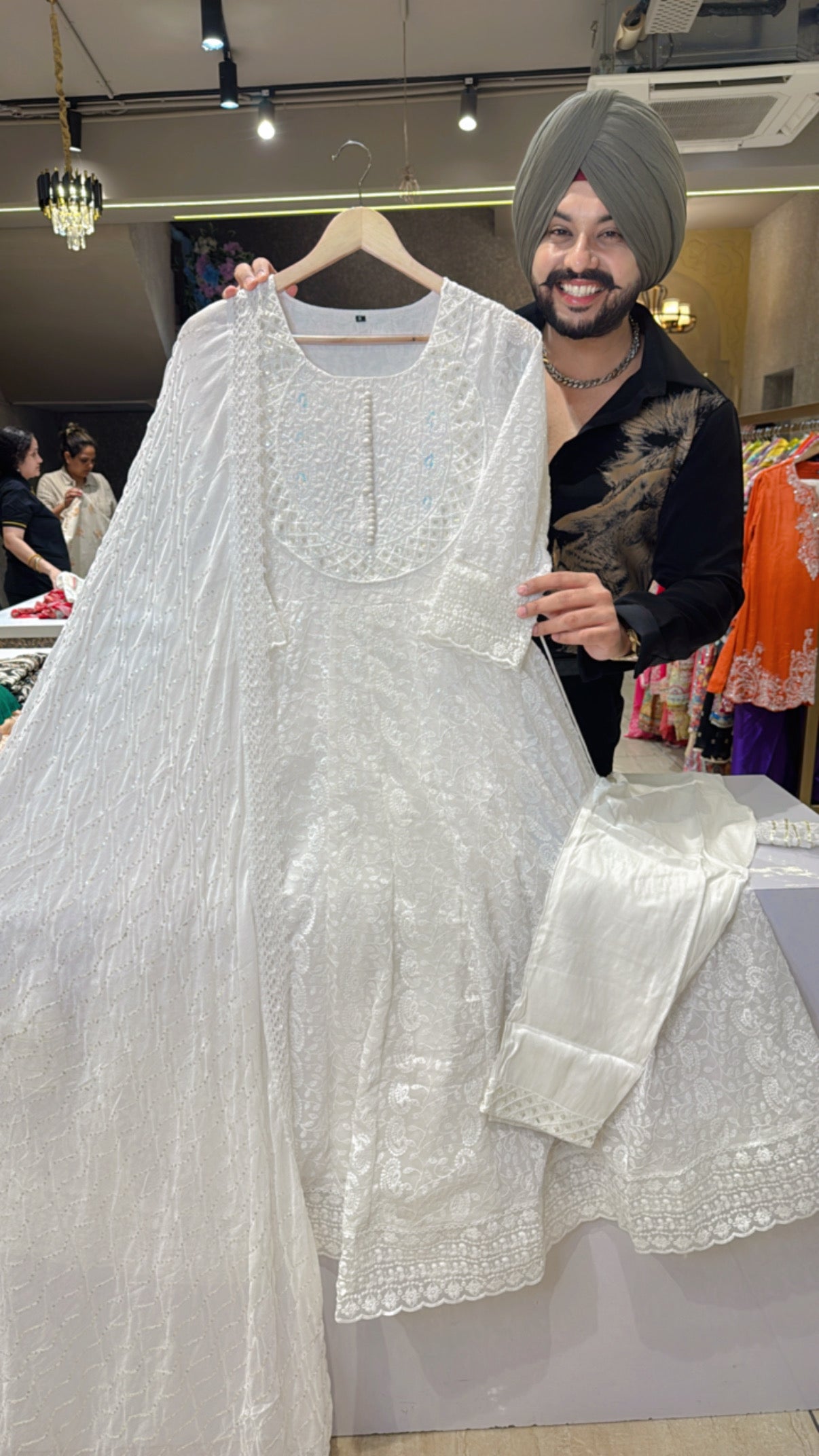 Royal Moon White Georgette Heavy Self Embroidered Anarkali Suit with Hand embroidery Work on neck & sequins Work Chiffon Duppata