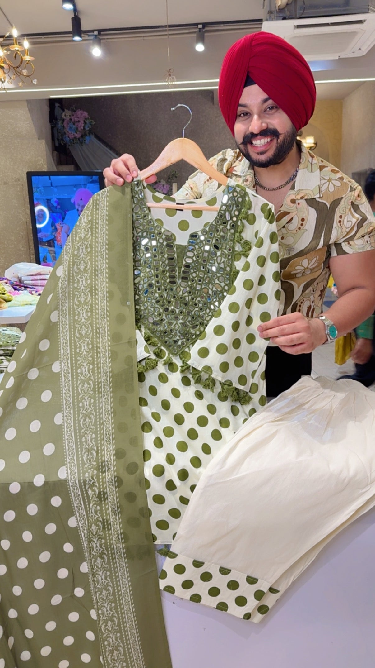 Green Polka Dots Heavy Mirror Pasting Pom Pom Farsgi Salwar Indo Western suit