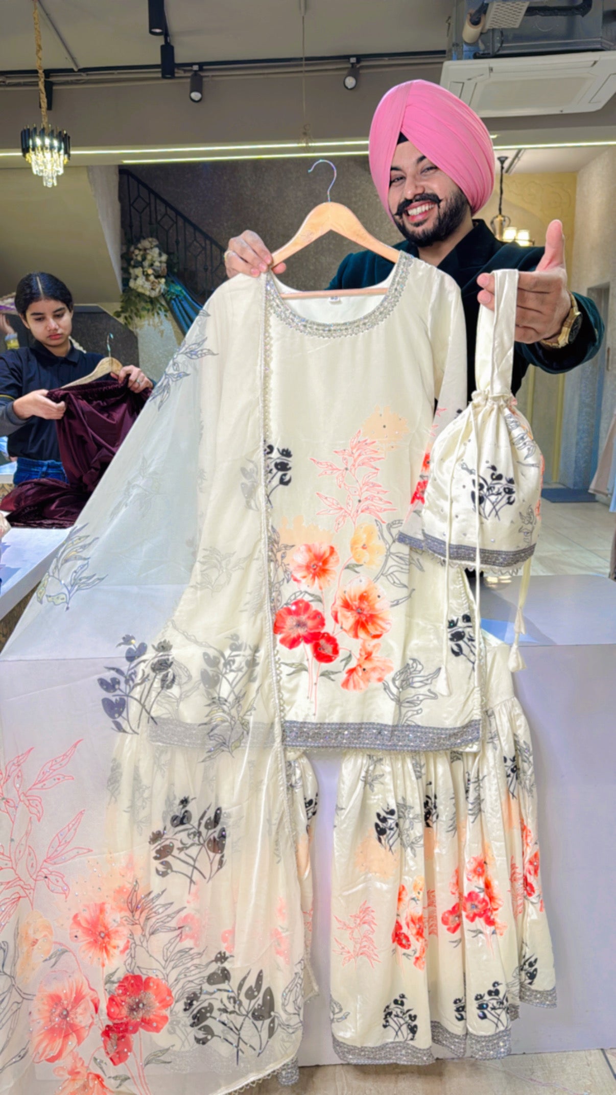 Off white Crepe Floral Print Swarovski work Garara suit with Beautiful Organza Duppata