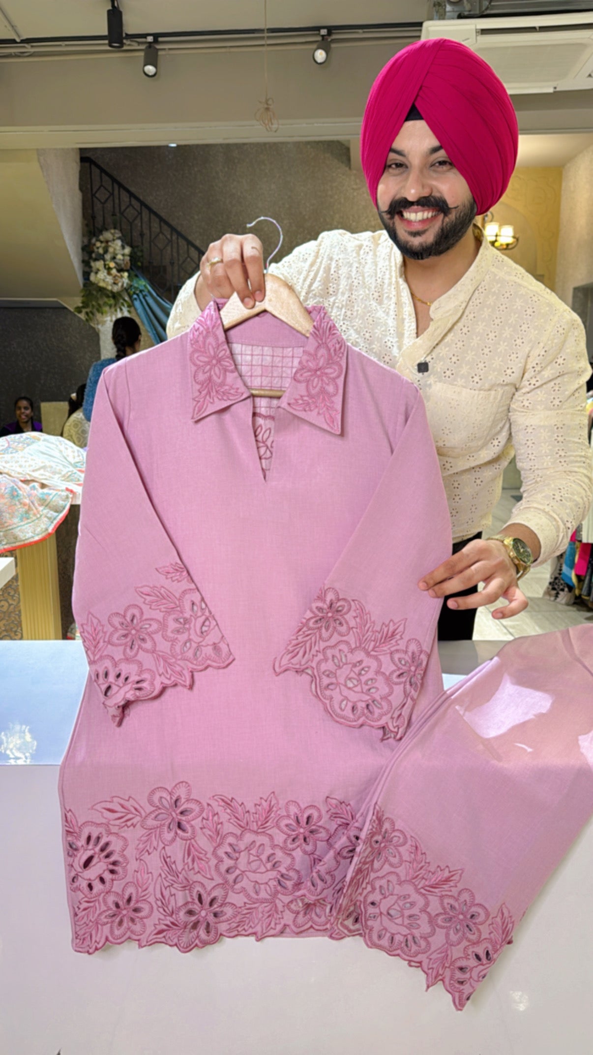 Lilac Collar Neck Coord set with Beautiful Embroidery & Cut work in Imported fabric
