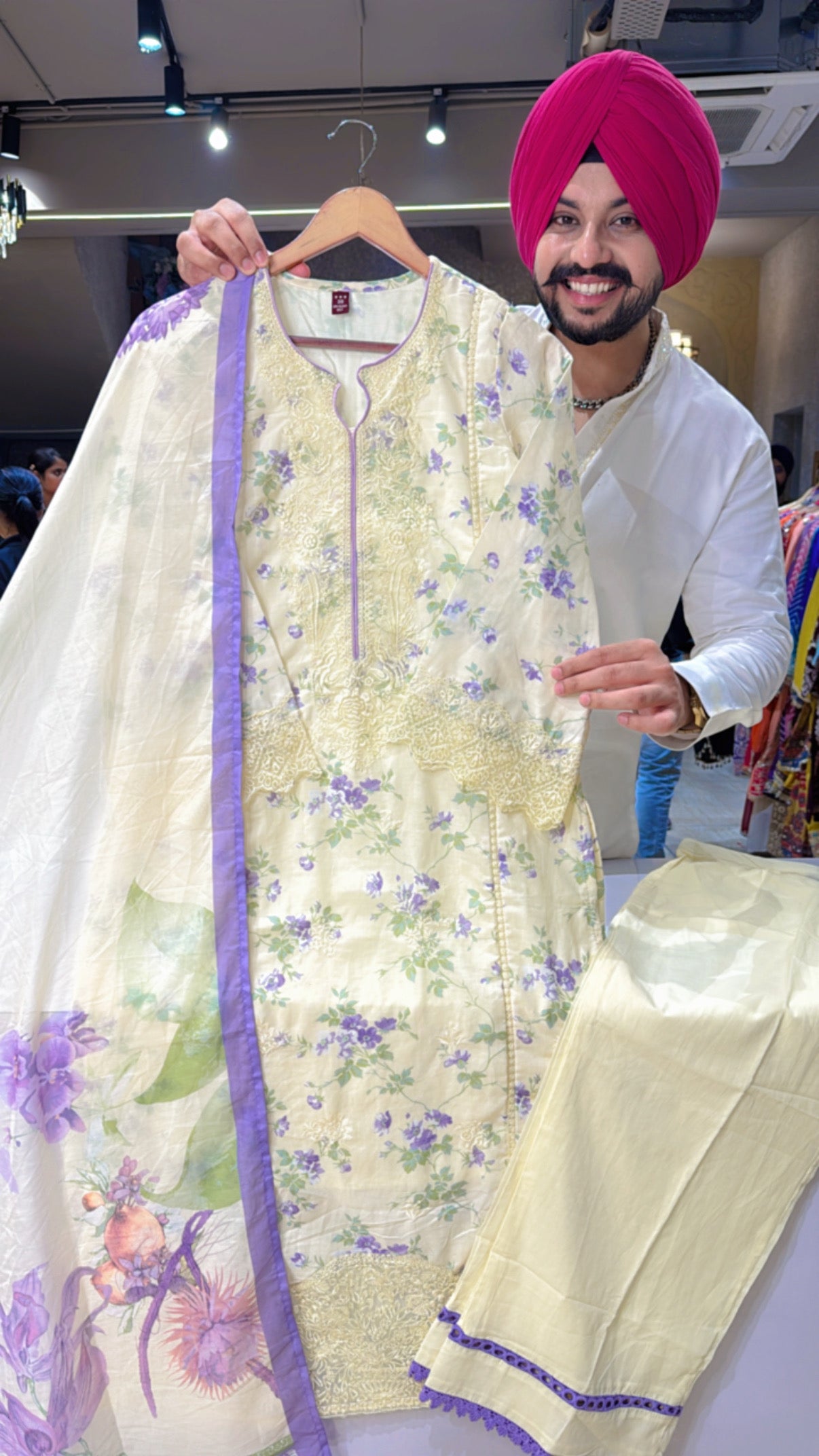 Light Lemon Pure Cotton Heavy Embroidered KashMiri Suit with Mal Mal Duppata