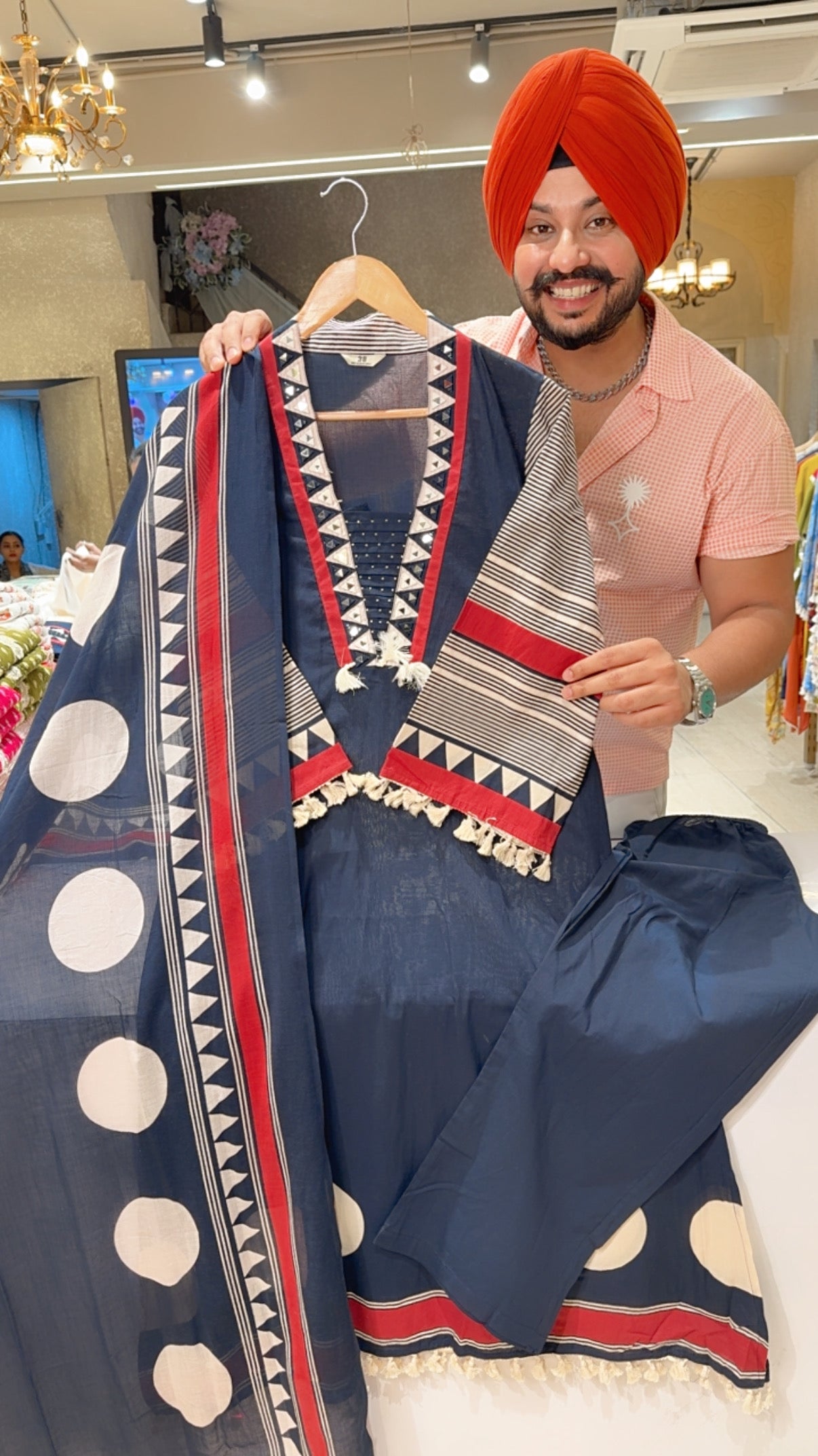 Blue Pure Cotton Tassles & Mirror Work A-line Semi Formal Suit