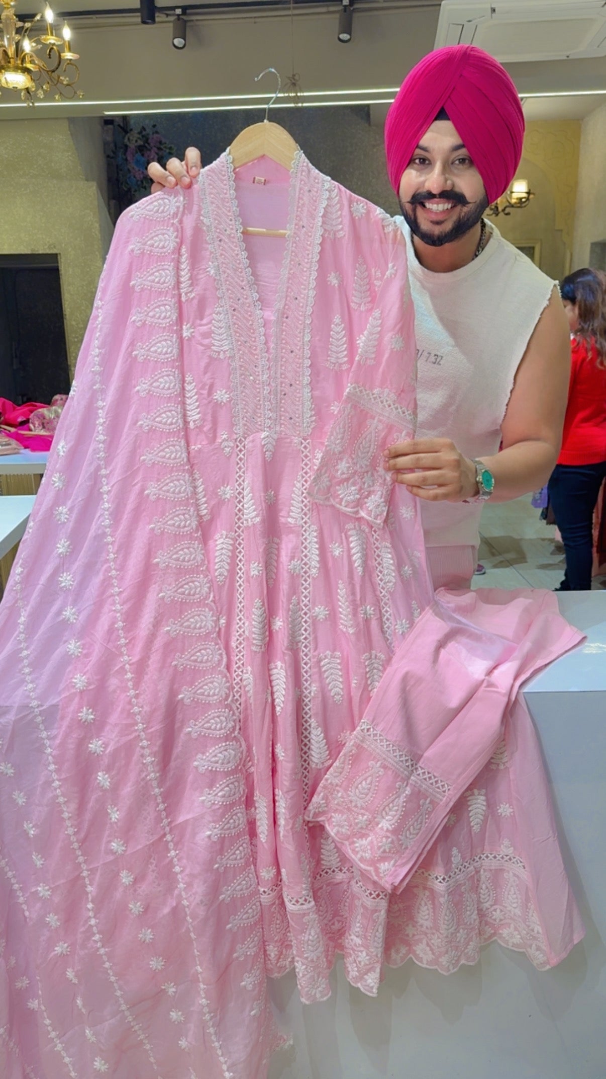 Baby Pink Mal Cotton Full Flair Fully Embroidered Anarkali Suit with Mal cotton Duppata