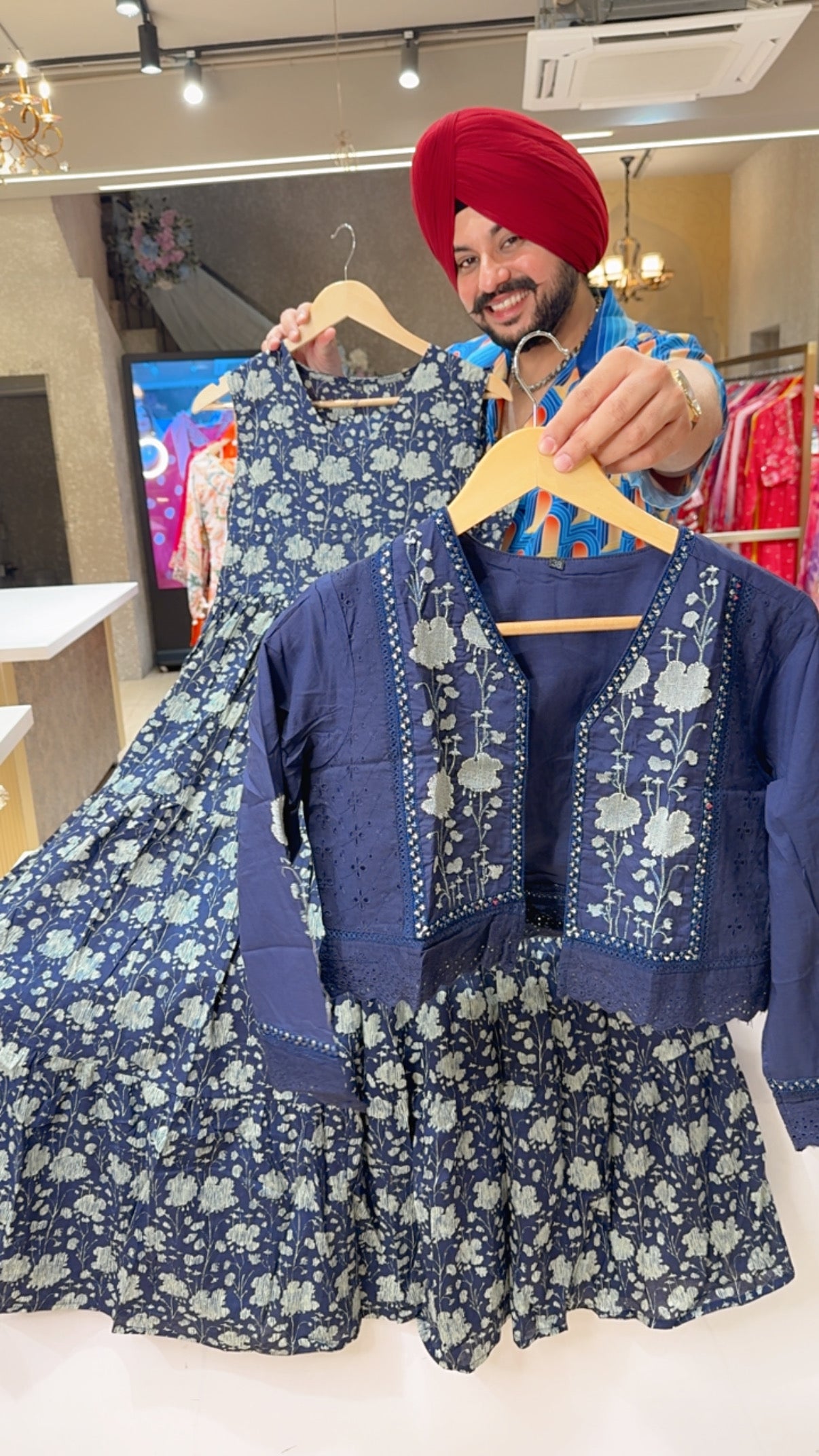 Dark blue Pure Cotton Floral Print Indowestern Dress with Embroidered Jacket
