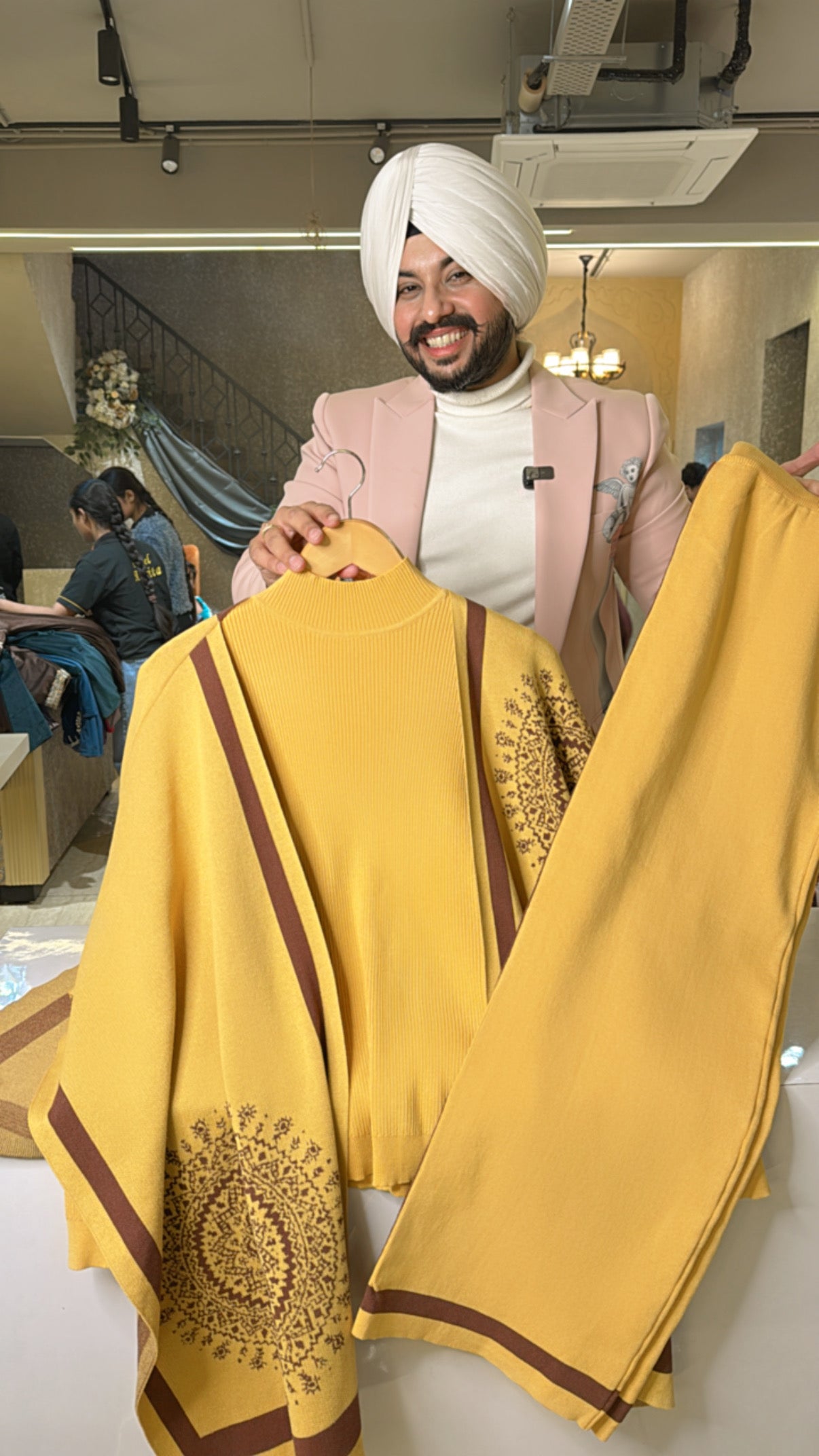 Yellow Imported woolen 3 piece Coord set with Stylish Woolen Cape