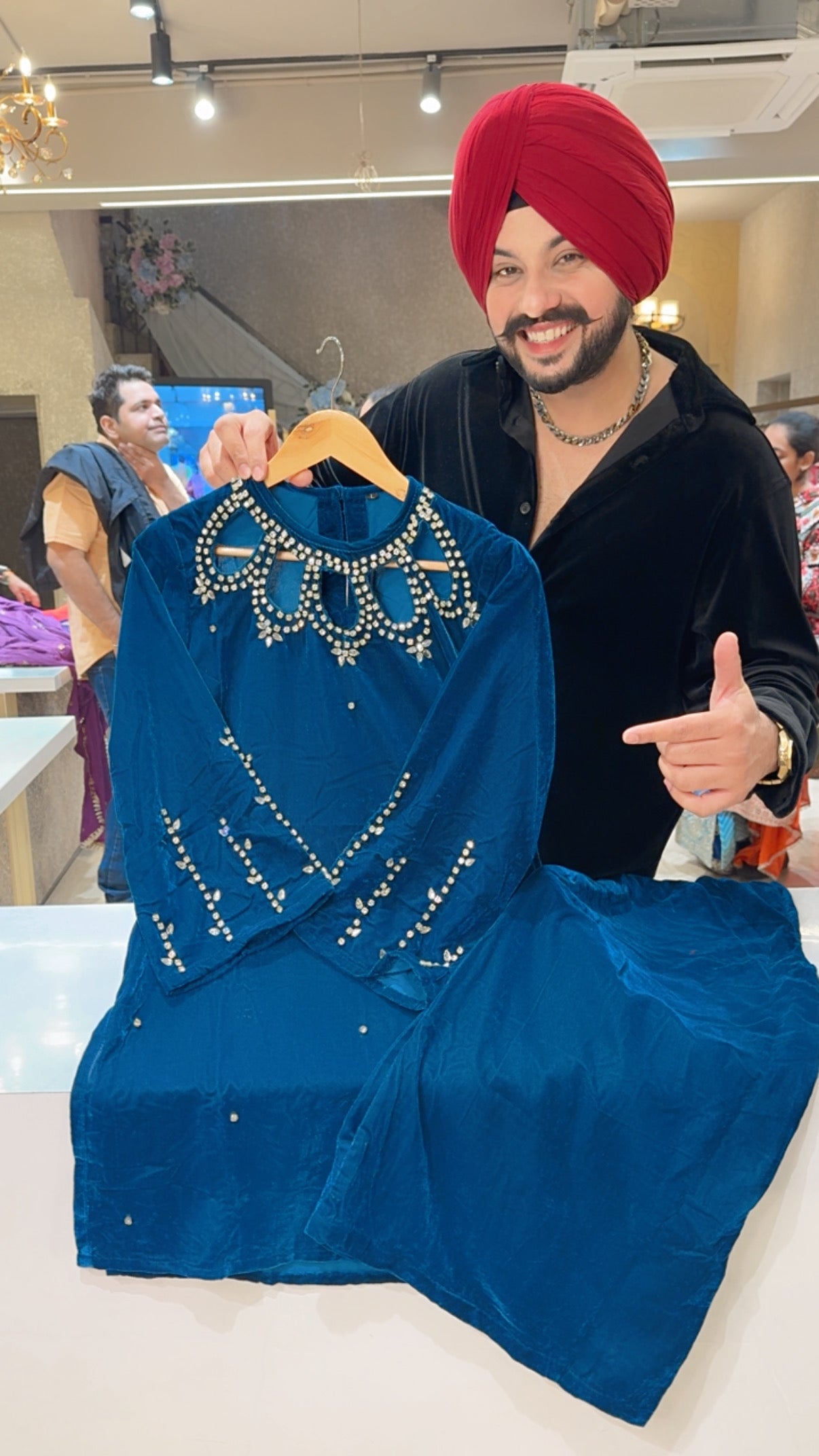 Teal Blue Velvet Designer Neck Coord set with Heavy Stone work on it