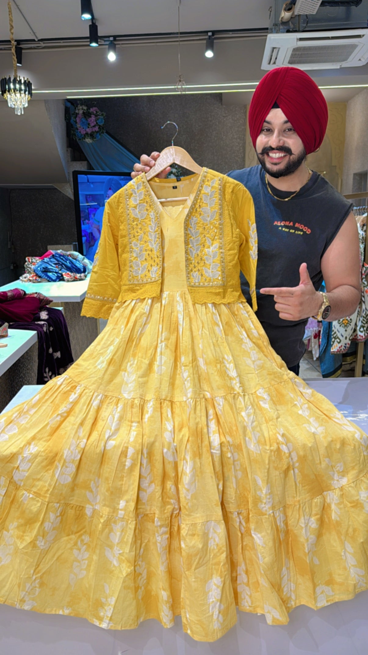 Yellow Pure cotton Indowestern Dress With Stylish embroidered jacket