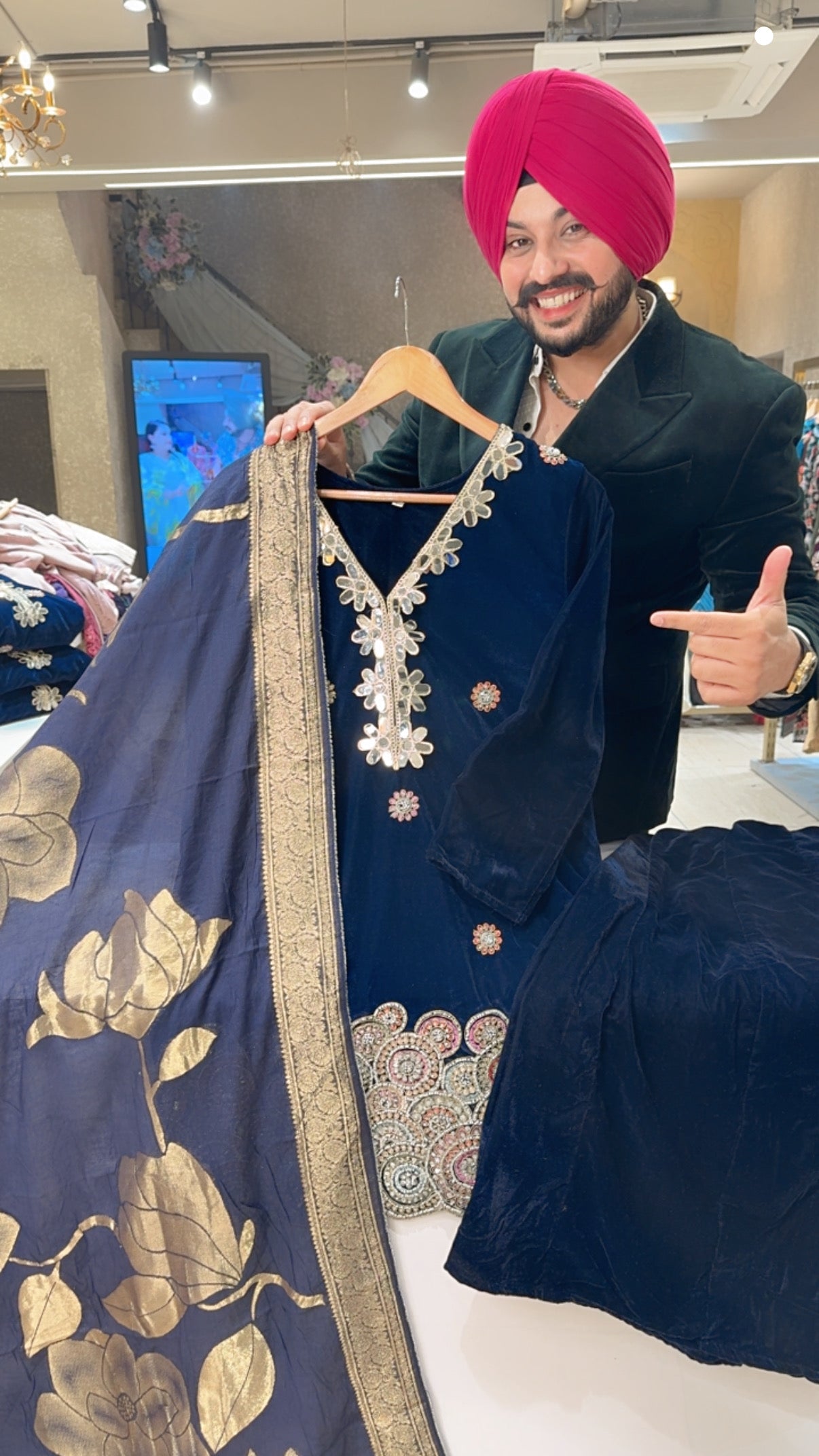 Navy Blue Velvet Mirror & Heavy Hand Embroidered Indowestern Suit with Banarasi look Duppata