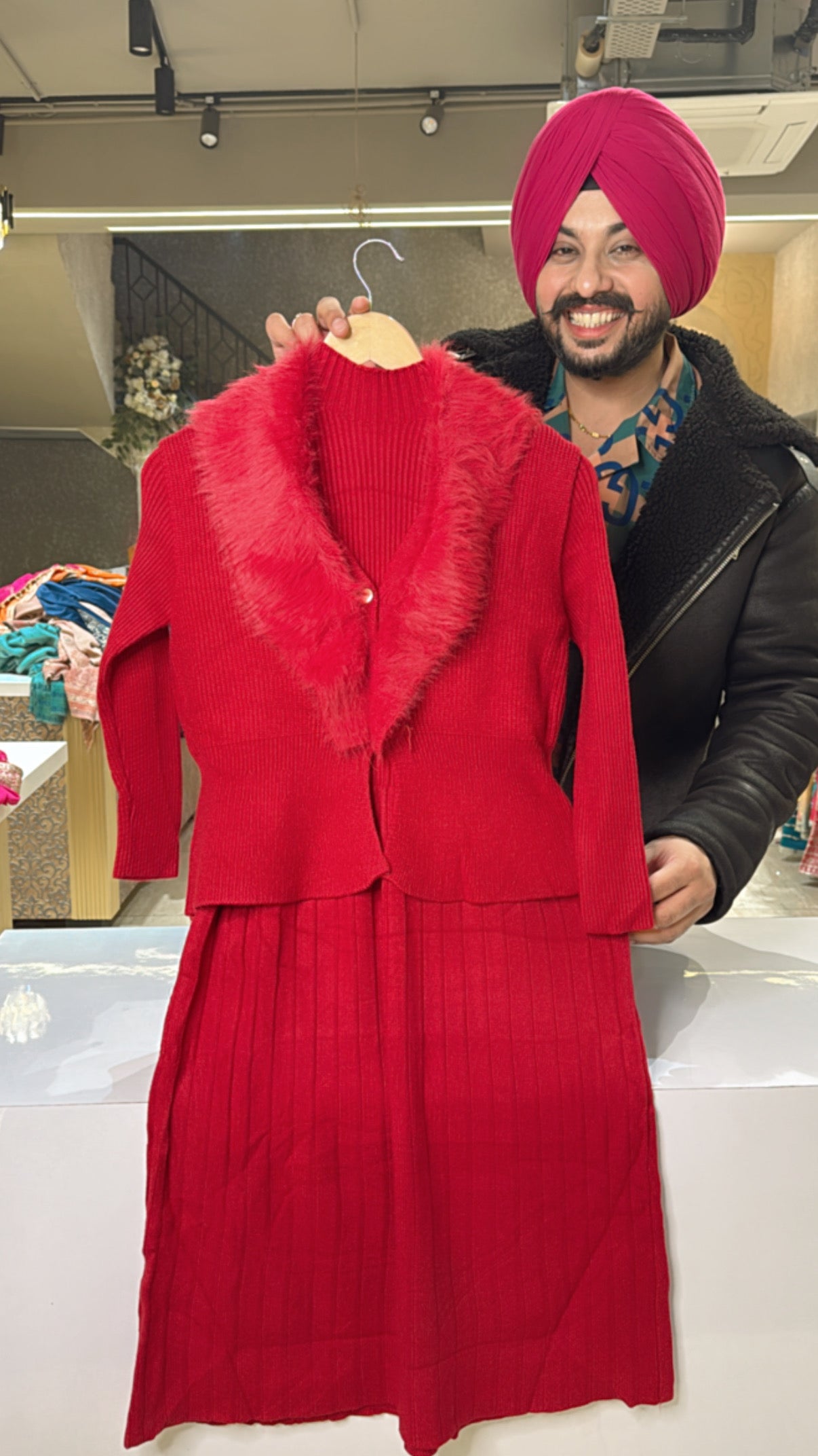 Reddish maroon Imported Strechable woolen Knee Length Dress with Woolen Furr jackets