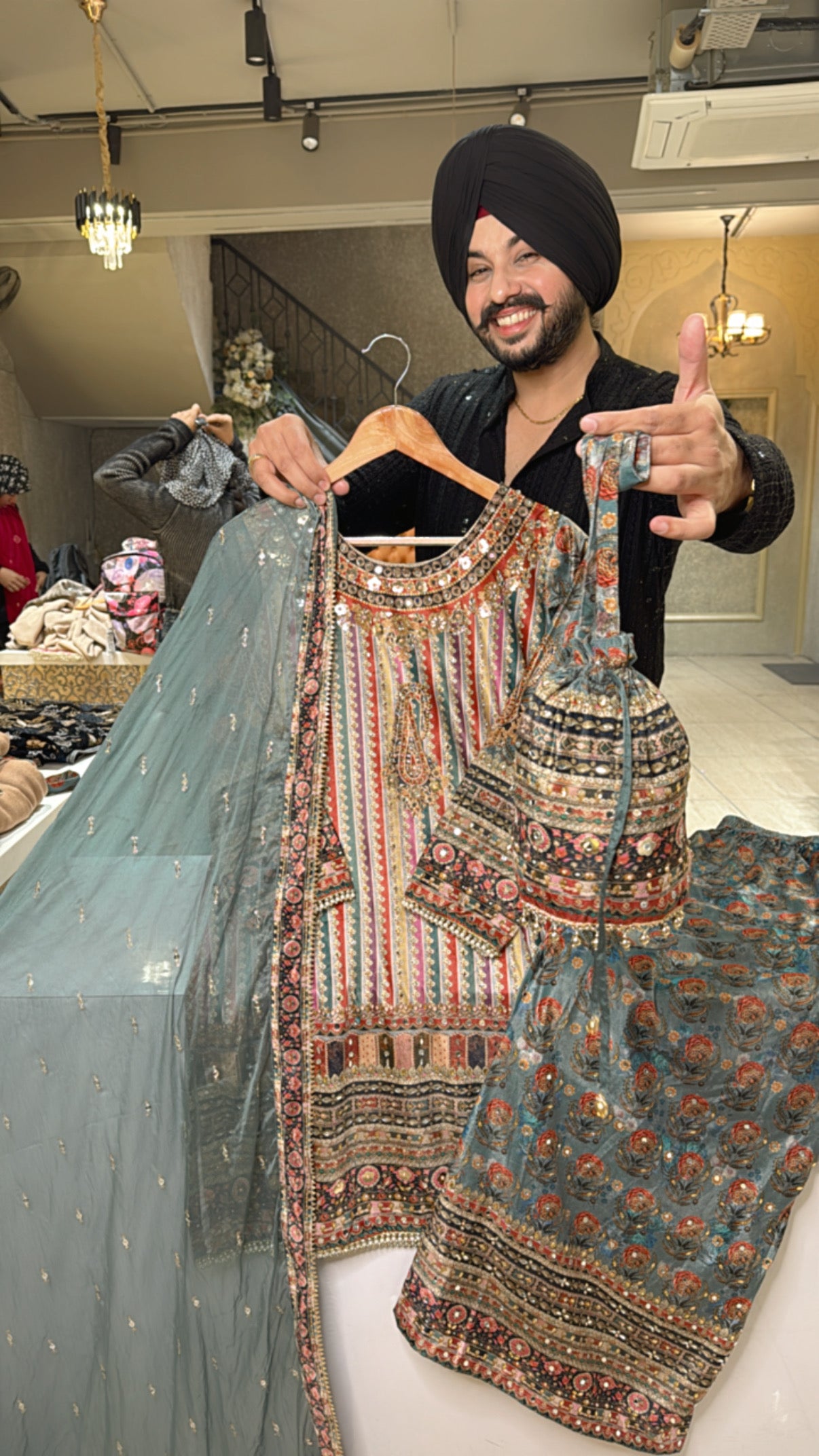 Light SeaGreen Velvet Heavy embroidered Indowestern Suit with Potli