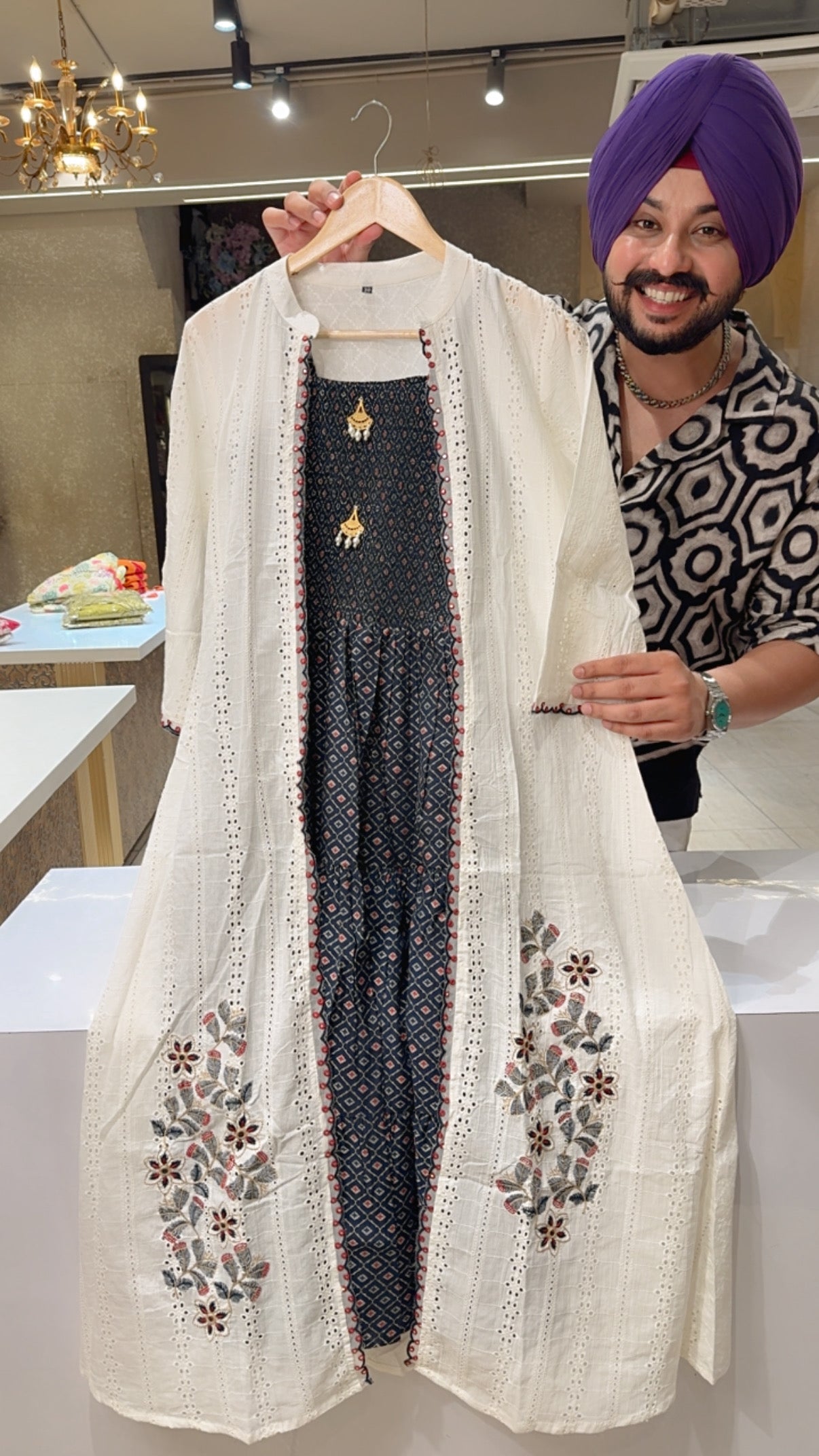 Blue Soft Silk Indo Western Dress with Pure Cotton Shifli & Embroidery Work Stylish Shrug