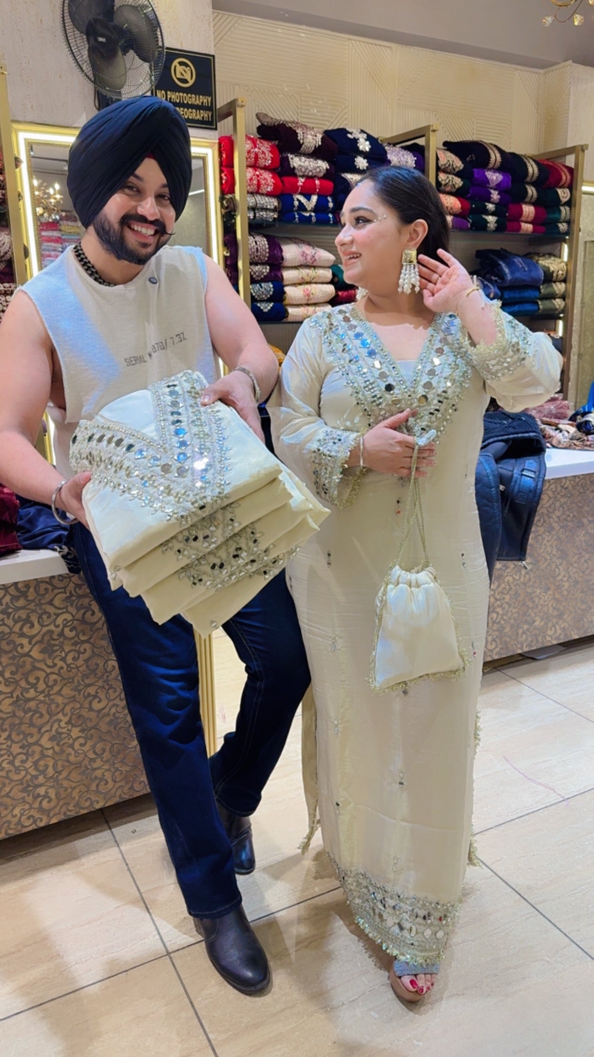 Ivory Colour Shimmer Silk Heavy Mirror & Gotta work Straight Long Dress with Cute Mirror work Potli