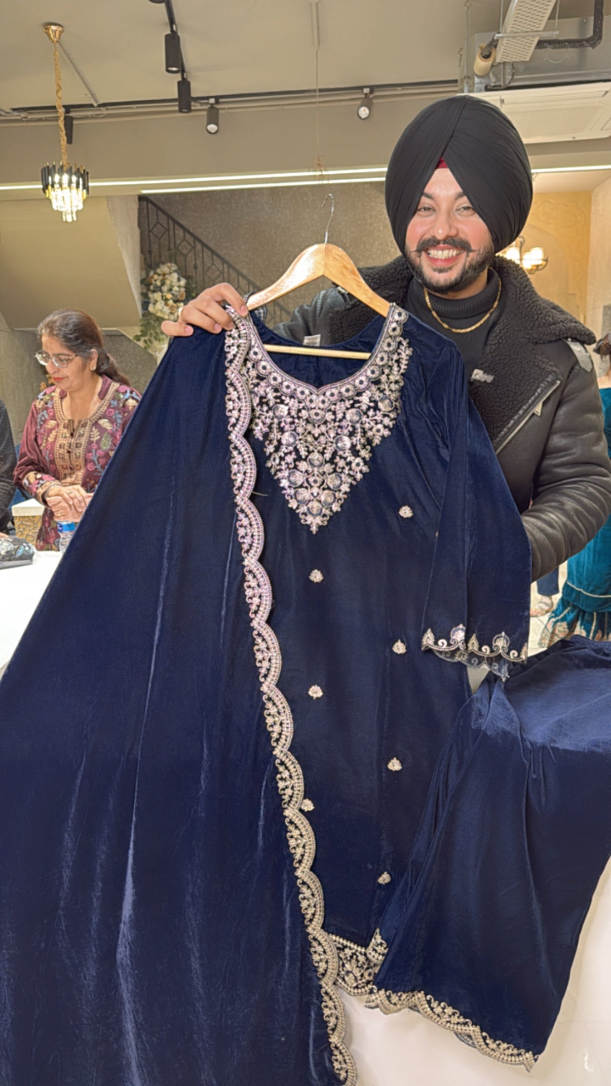 Navy Blue velvet Heavy embroidered Pakistani Plazo Suit with Beautiful Duppata