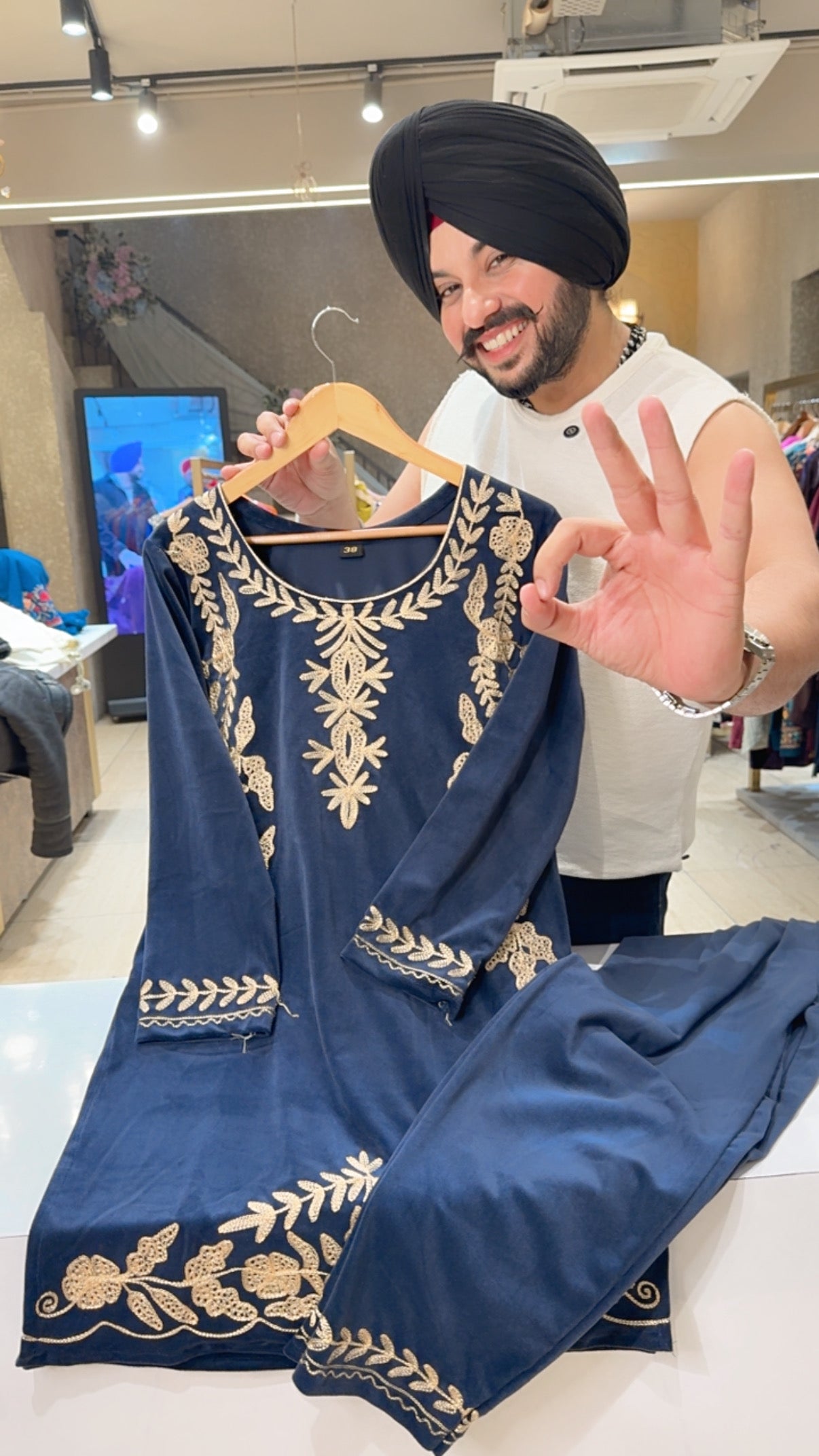 Navy Blue Matt Velvet office Wear Long length Coord set with Beautiful Embroidery Work on it