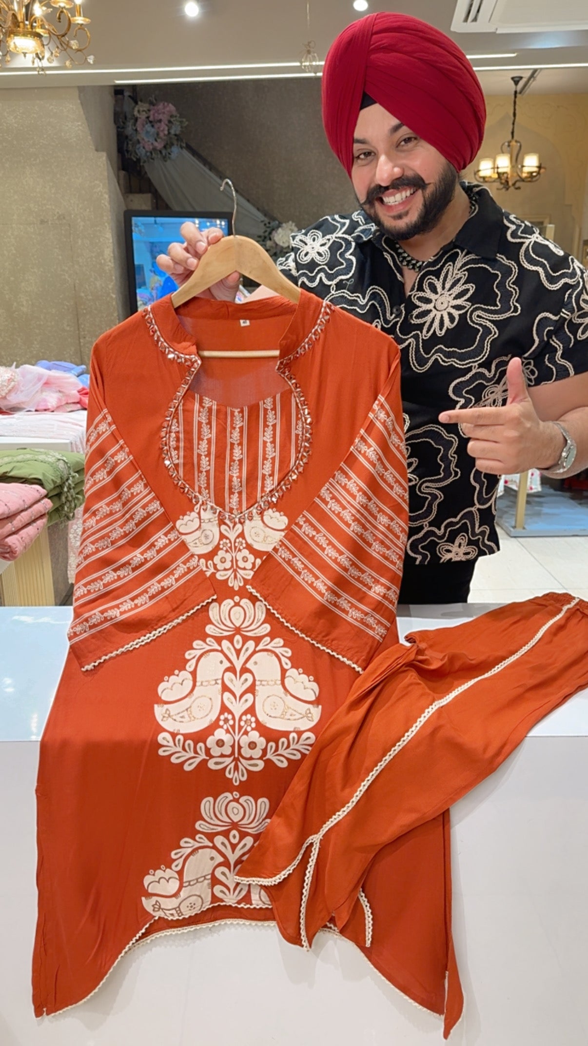 Rusty Orange Designer mirror Neck Long Length c-cut Coord set with Stylish Tulip Pants