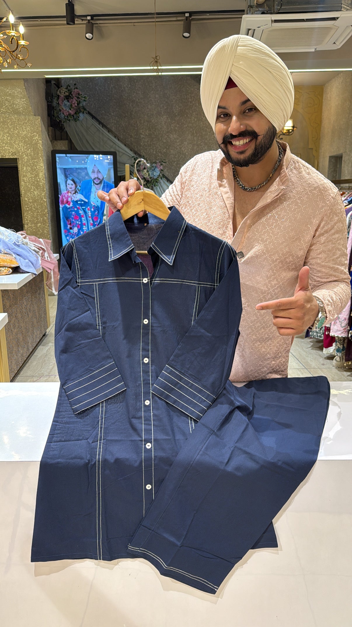 Denim Blue pure Cotton Collar Neck Office Wear Coord set