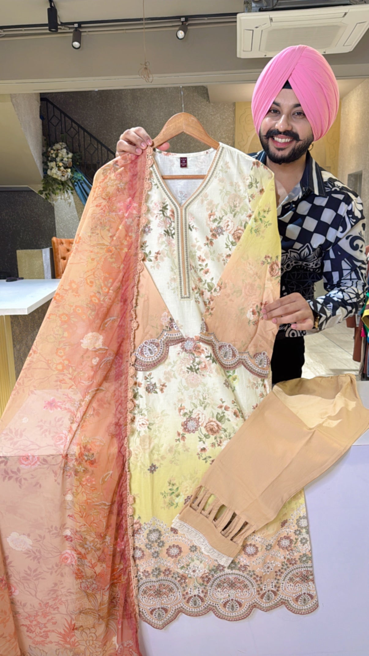 Yellowish Cream & Biege Pure Cotton Shifli Work Pakistani Suit with Beautiful Chiffon Duppata