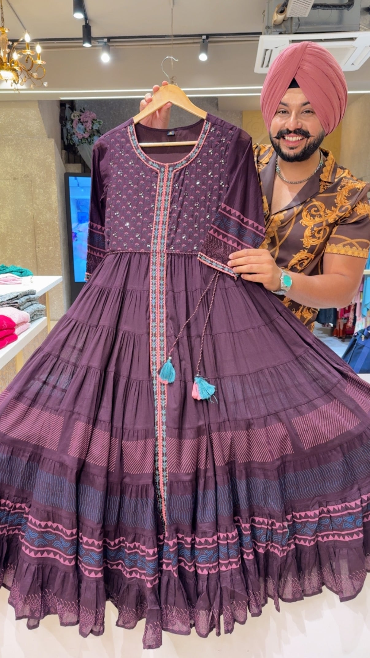 Dark Wine Pure Cotton Full Flair Indowestern Dress With Beautiful Embroidery work on neck