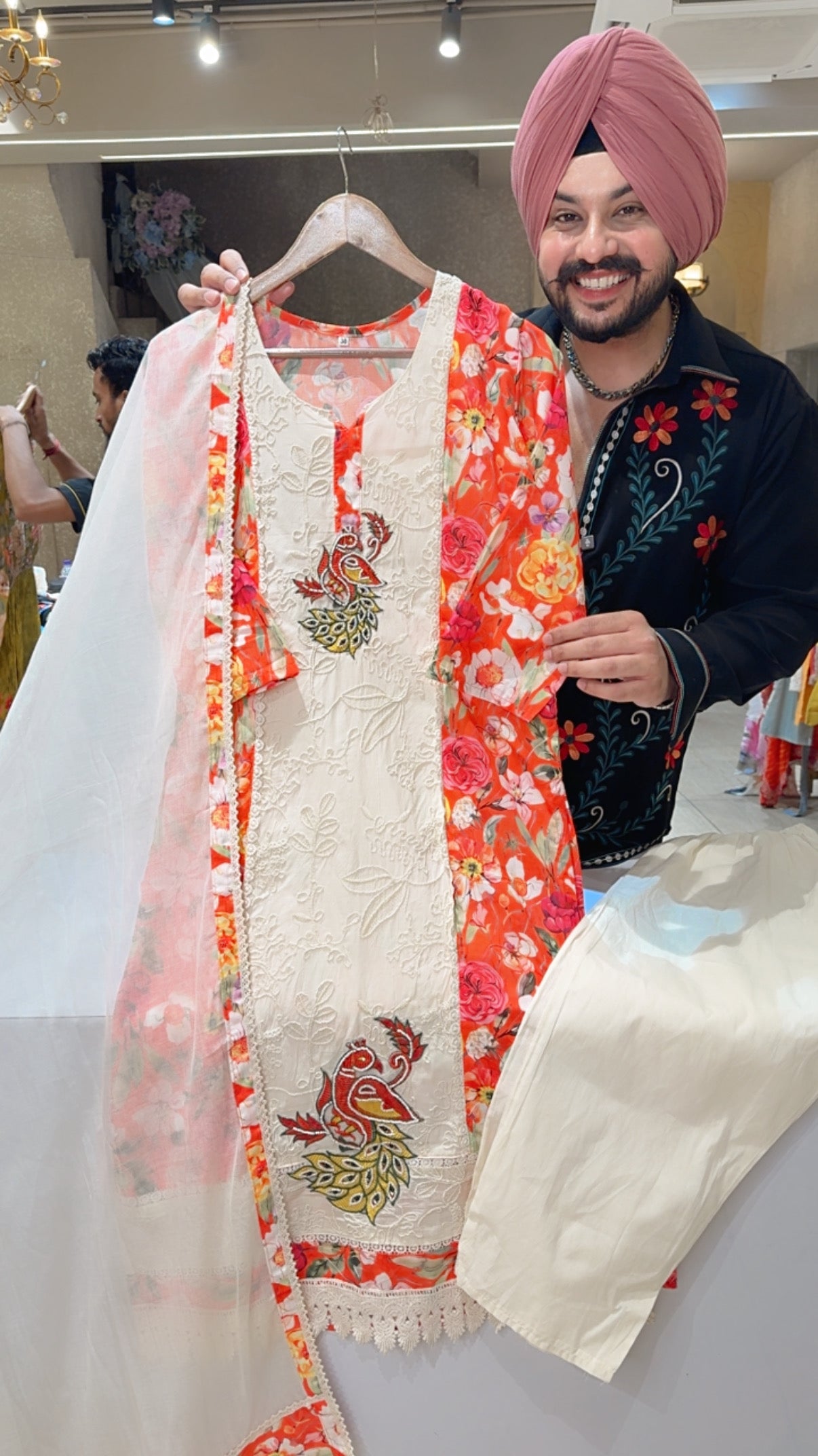 Off white Orange Floral Print & Embroidered Summerish party Wear Straight Suit