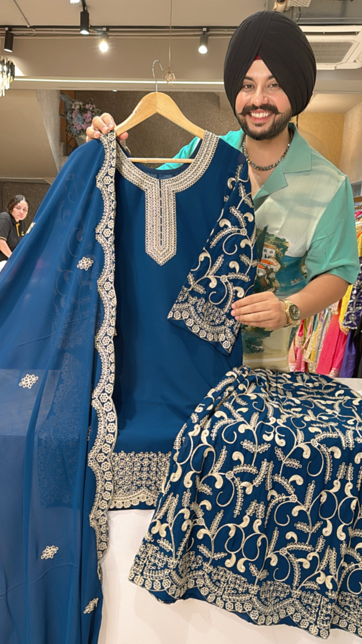 Teel Blue Georgette Heavy embroidered Full Flair Sharara Suit with Beautiful Duppata