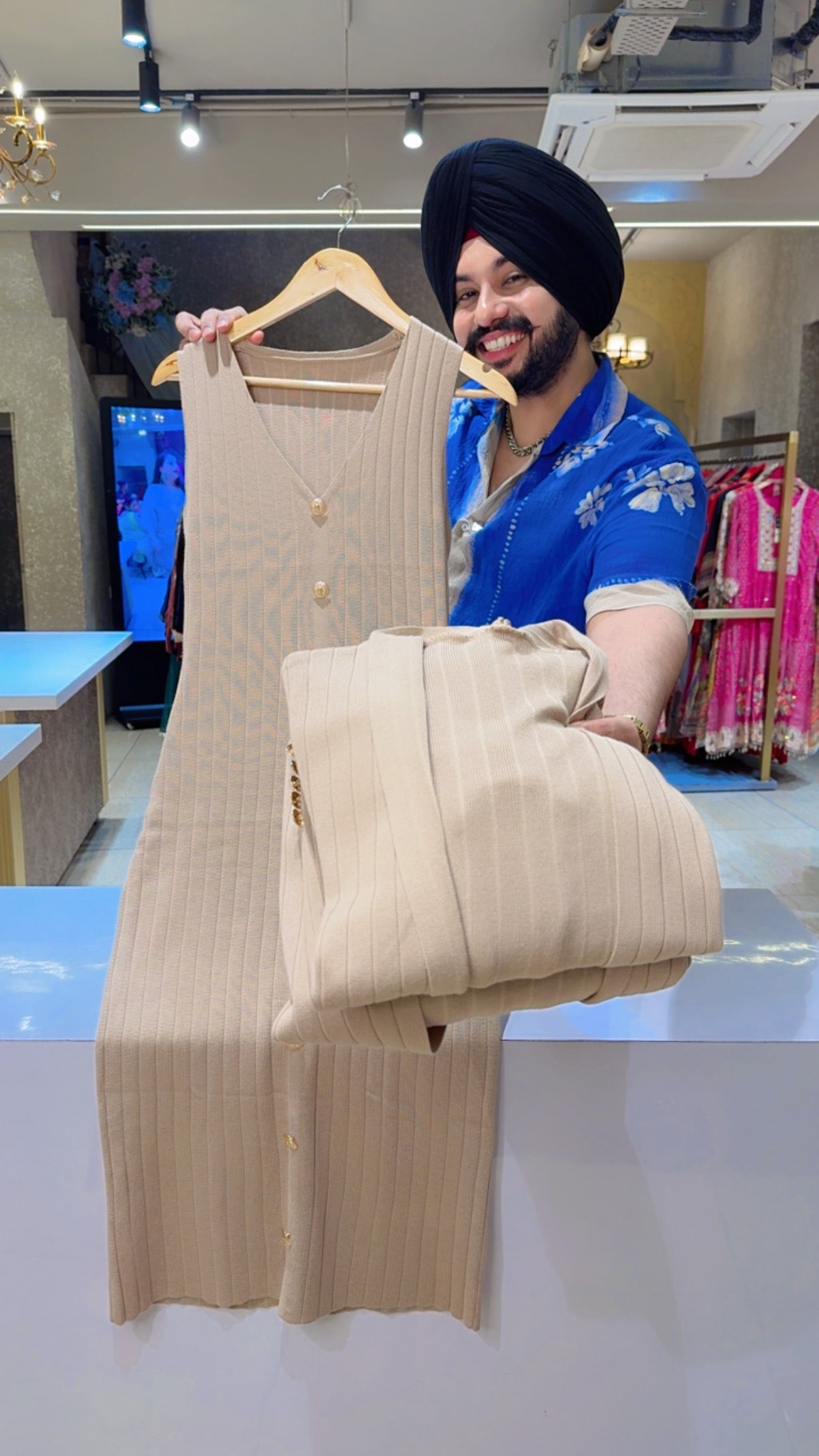 Nude beige Fully Stretchable Imported Woolen Long length Dress With stylish Woolen Shrug