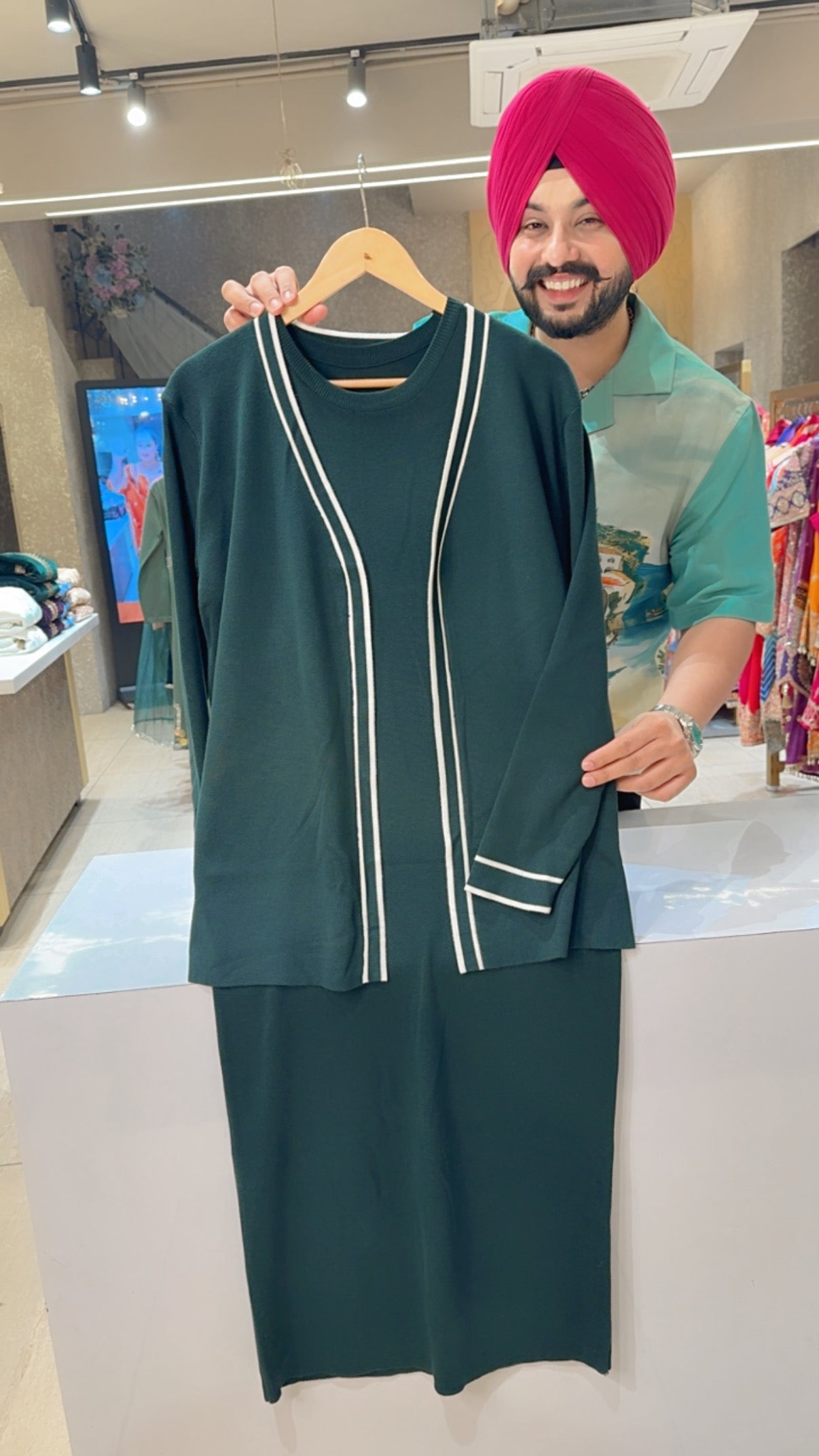 Dark Green Long Length Imported Woolen Western Dress with Stylish Shor