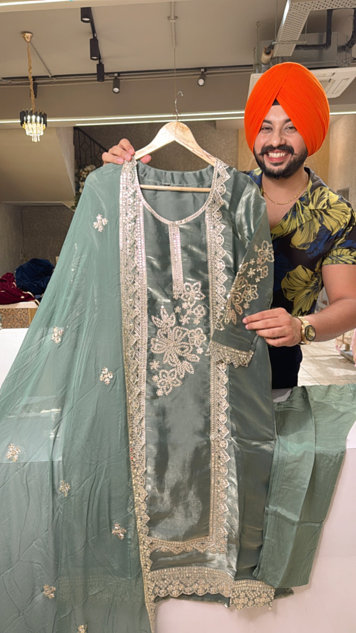 Olive Green Glass Shimmer Tissue Fully Embroidered Straight Suit with Embroidered Chiffon Duppata