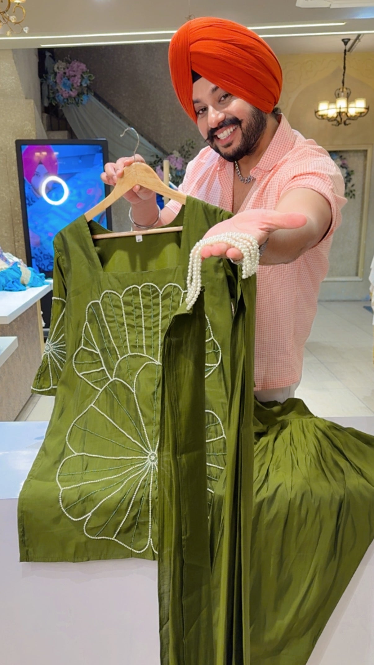 Mehendi Green Soft Silk Pearl Hand embroidered Party Wear Farshi Salwar Suit with Pearl Neclace Duppata