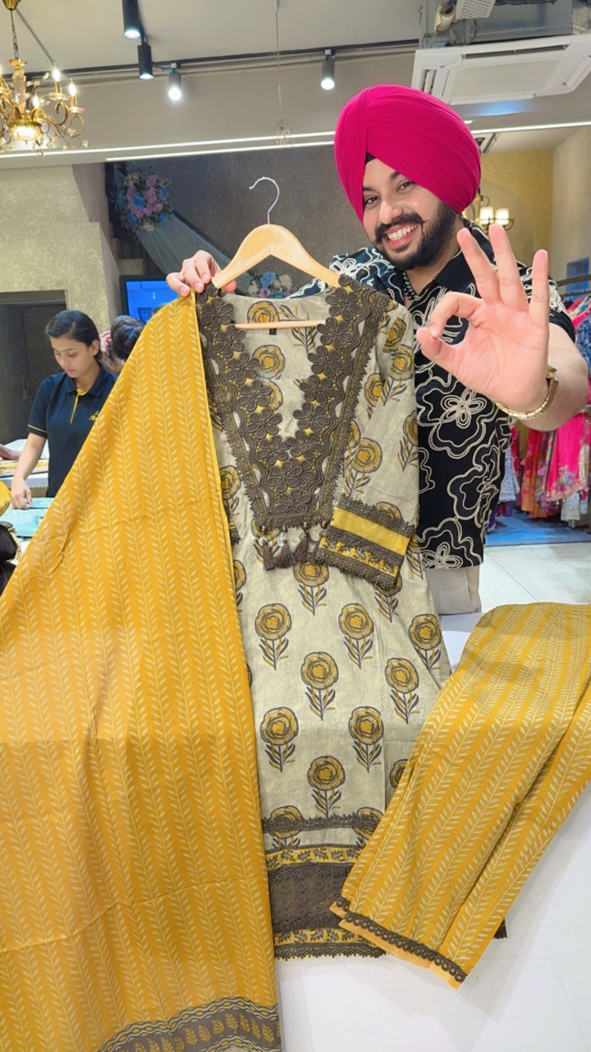 Dark Beige & Mustard Cotton Heavy Crochet Work Kashmiri Suit