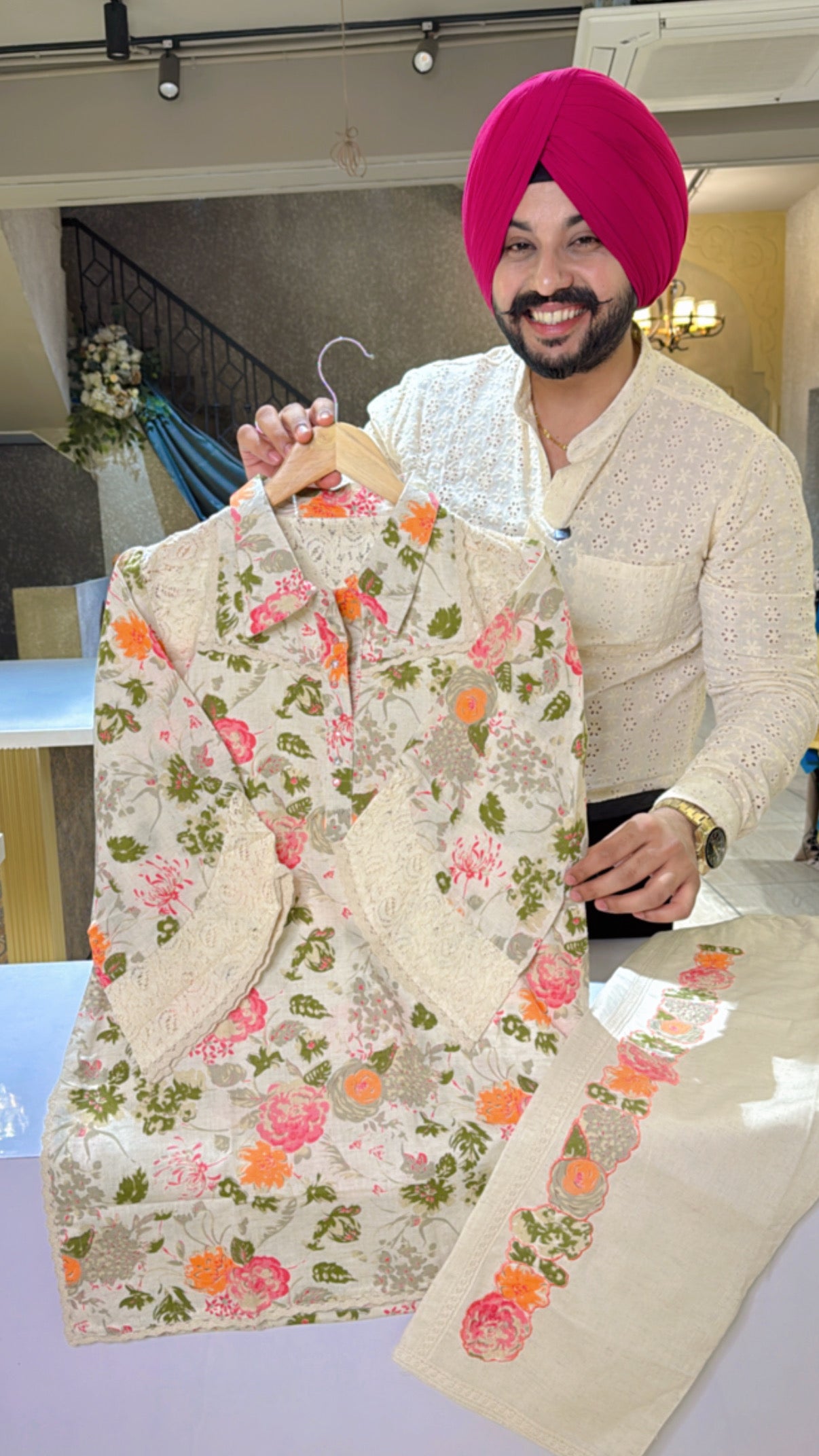 Off White & Multicolored Soft Khaadi Collar Neck Coord set with Crochet Lace on sleeves & Back
