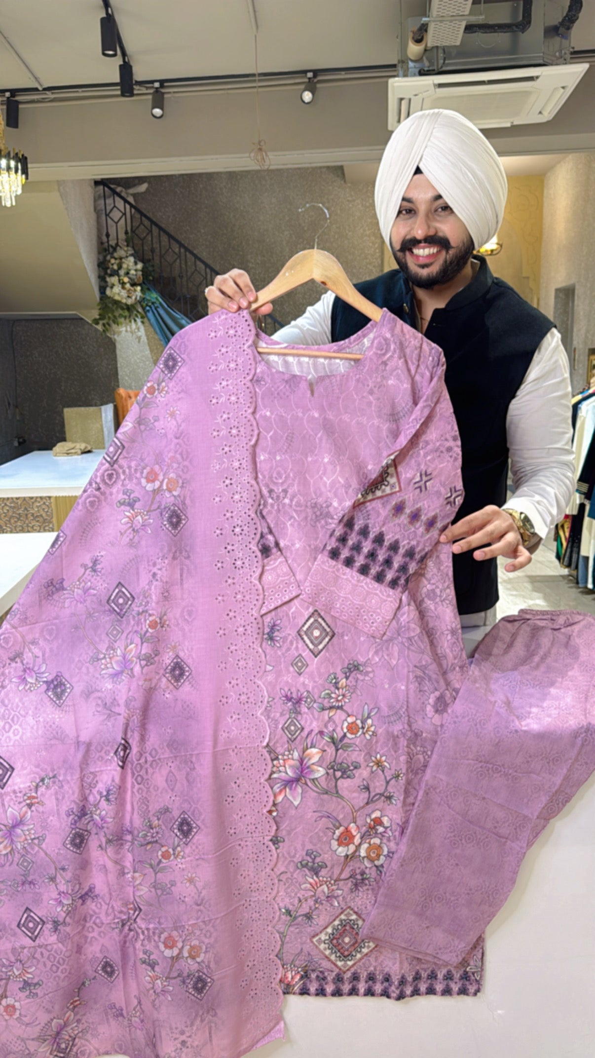 Lilac Pure cotton Self embroidered & Sequins Work Straight Suit with Beautiful Shifi Duppata
