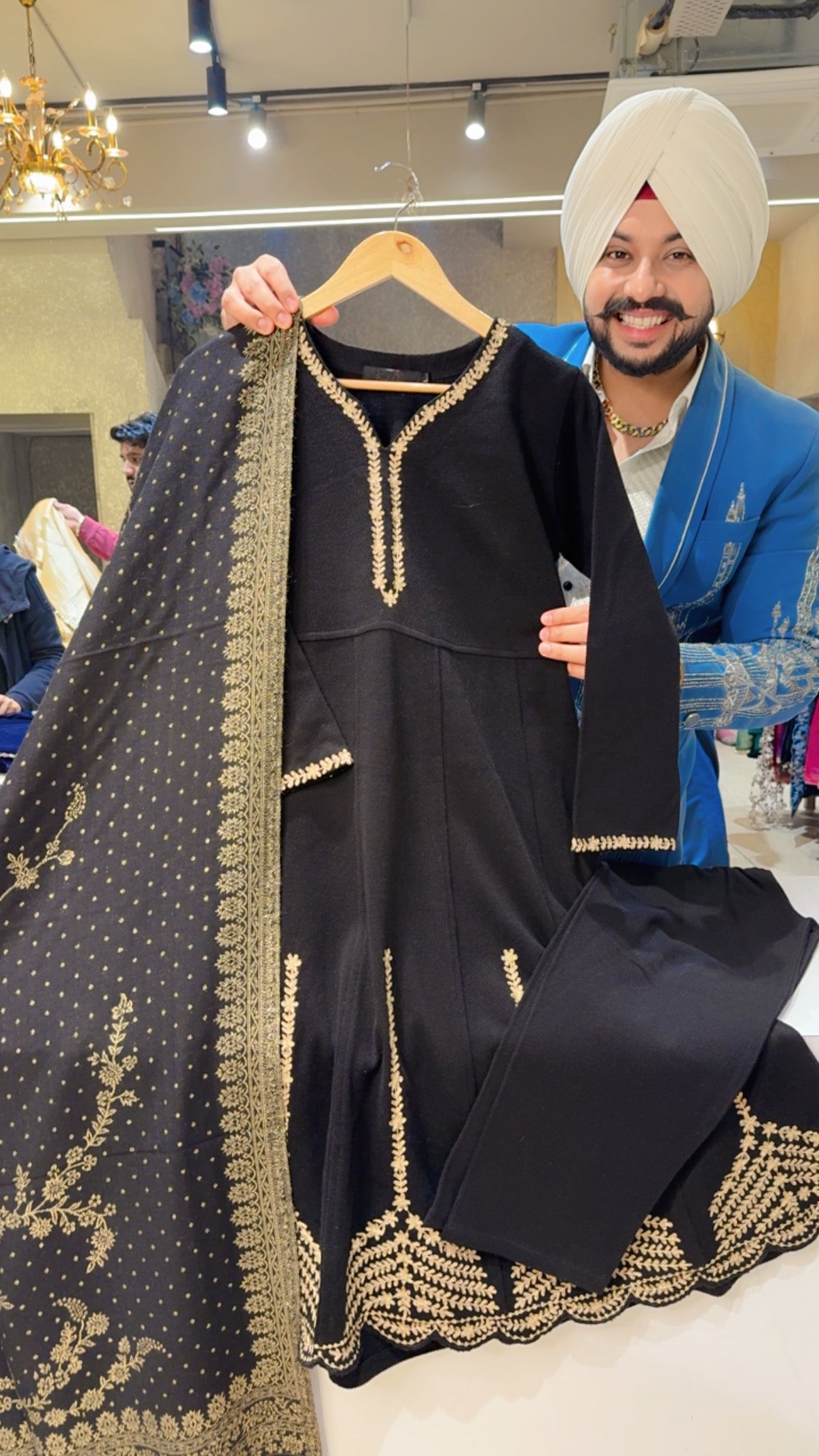 Black Woolen Embroidered Anarkali Suit with Beautiful Woolen Banarasi