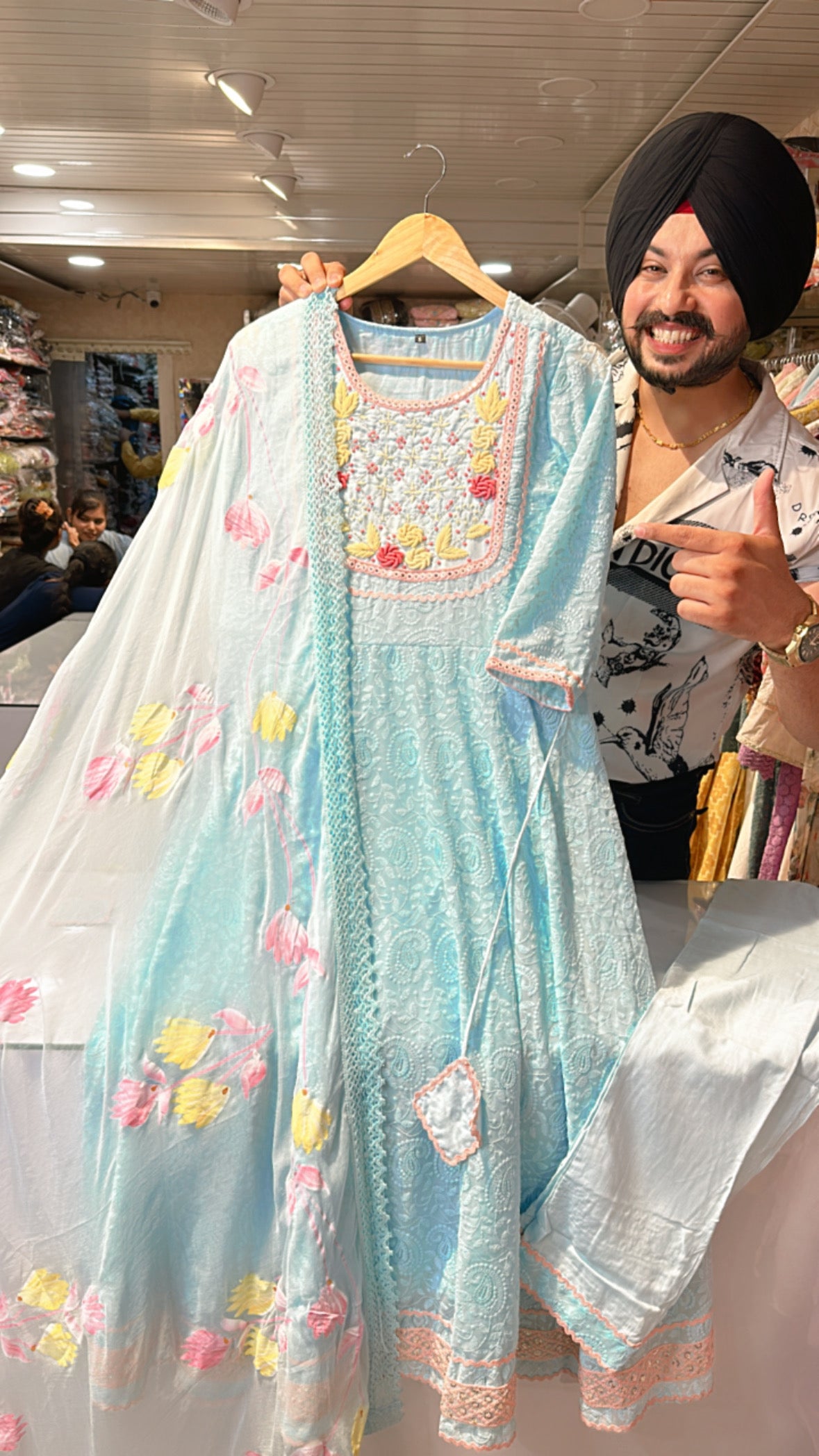 Light Blue Fully Embroidered Georgette Anarkali Suit with Hand painted Duppata