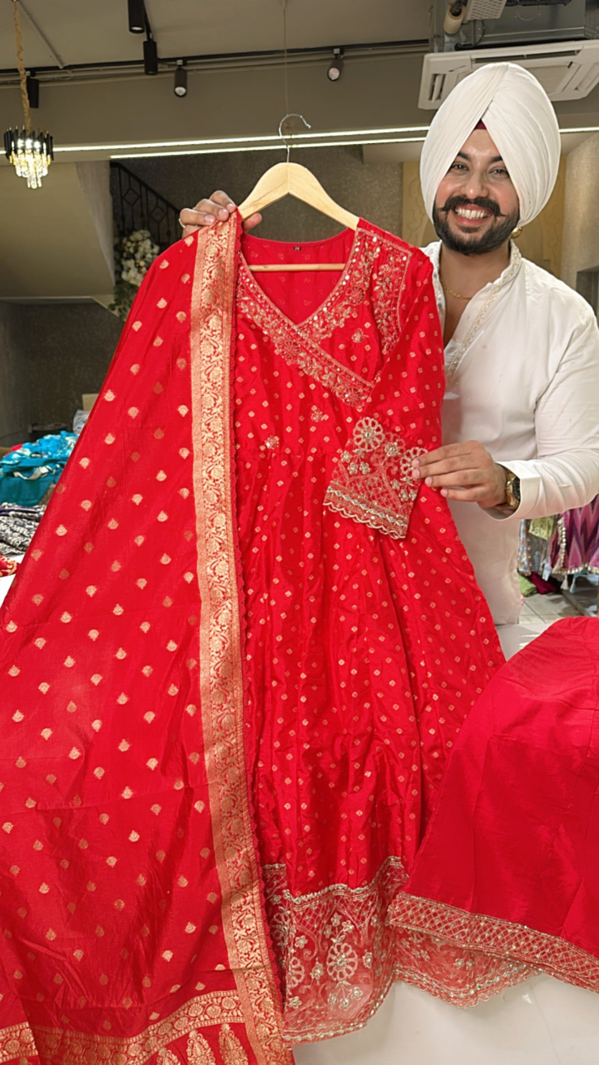 Vibrant Red Soft silk Angrakha Anarkali Sharara Suit with Banarasi Duppata
