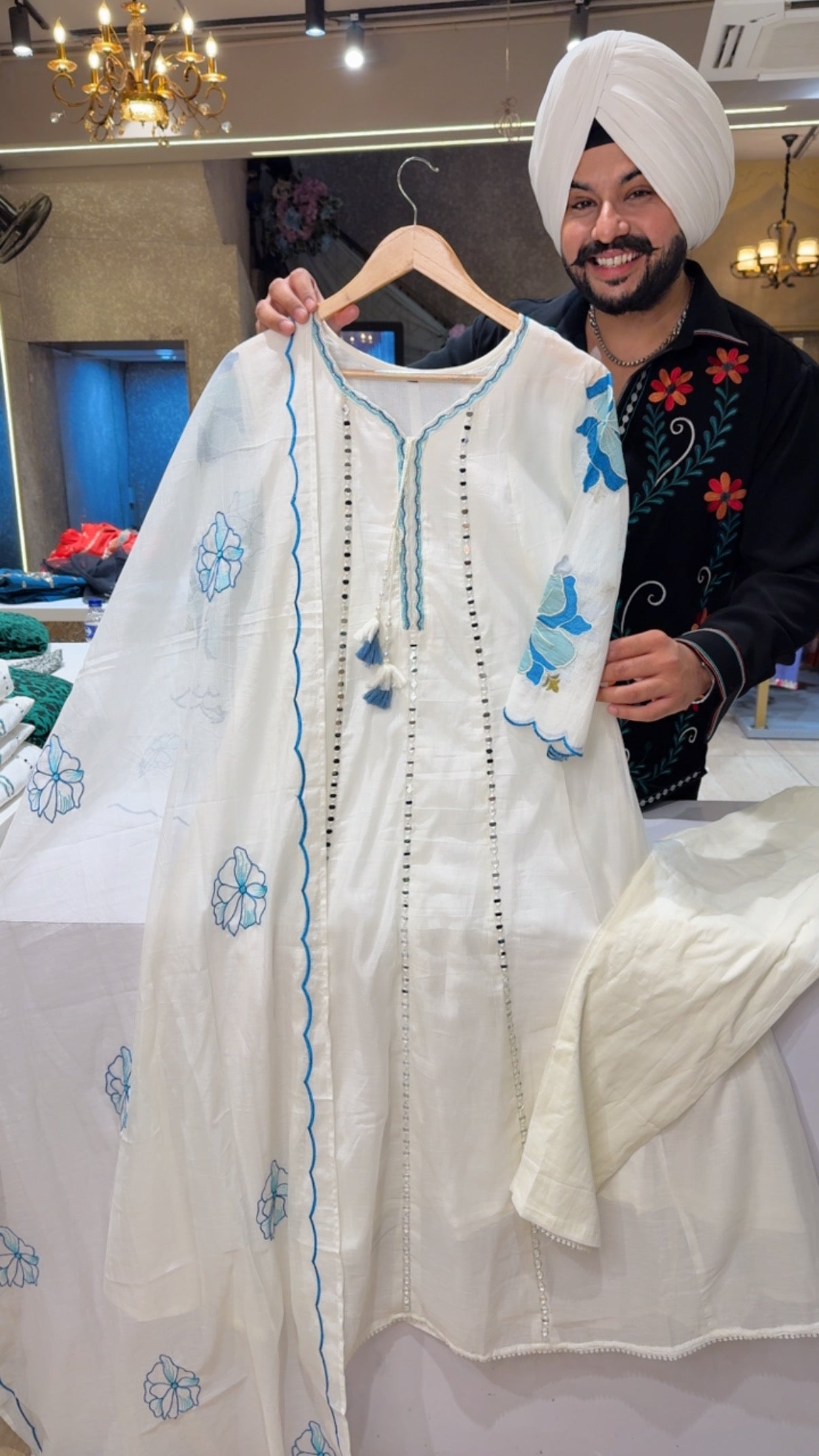 Moon White & Blue Mal Chanderi Summerish Party wear Anarkali Suit with Beautiful Mirror & Embroidery work on It