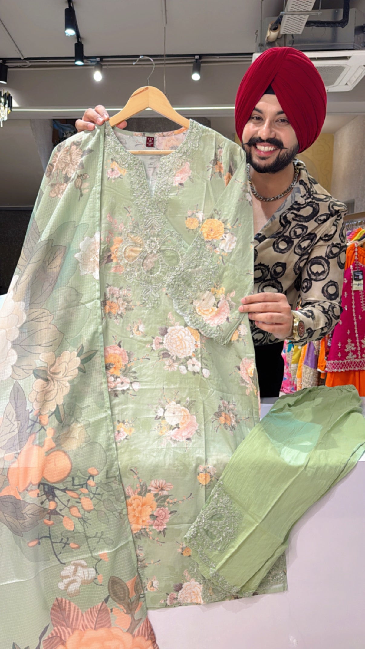 Light Olive Green Pure Cotton Floral Print Embroidered Kashmiri Suit with Designer Pants & Kota Doria Duppata