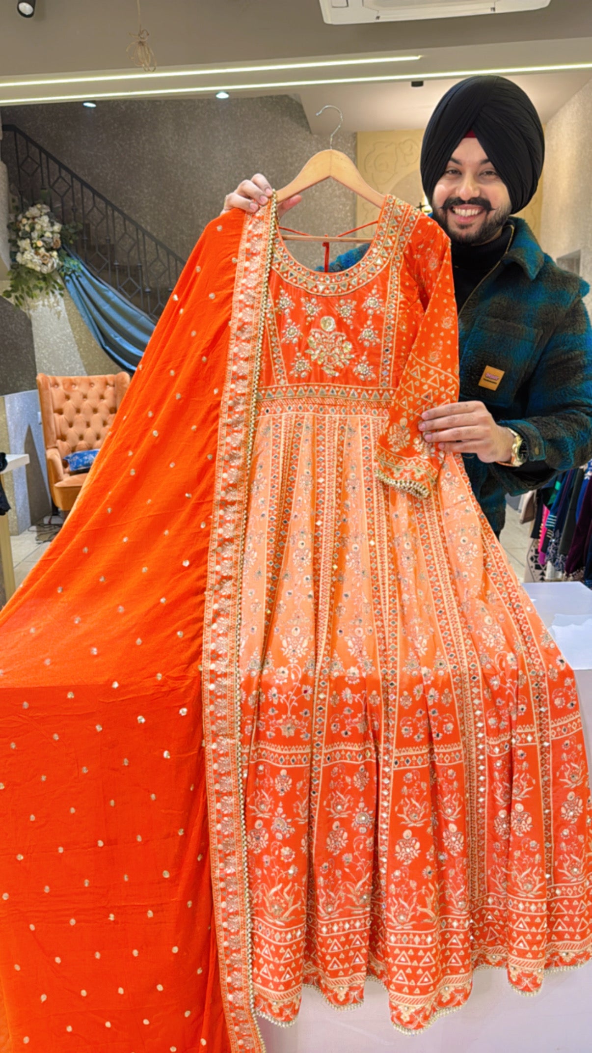 Vibrant Orange Premium Crepe Heavy embroidered Tie & Dye Anarkali Gown with Sequins Work Chinon Duppata