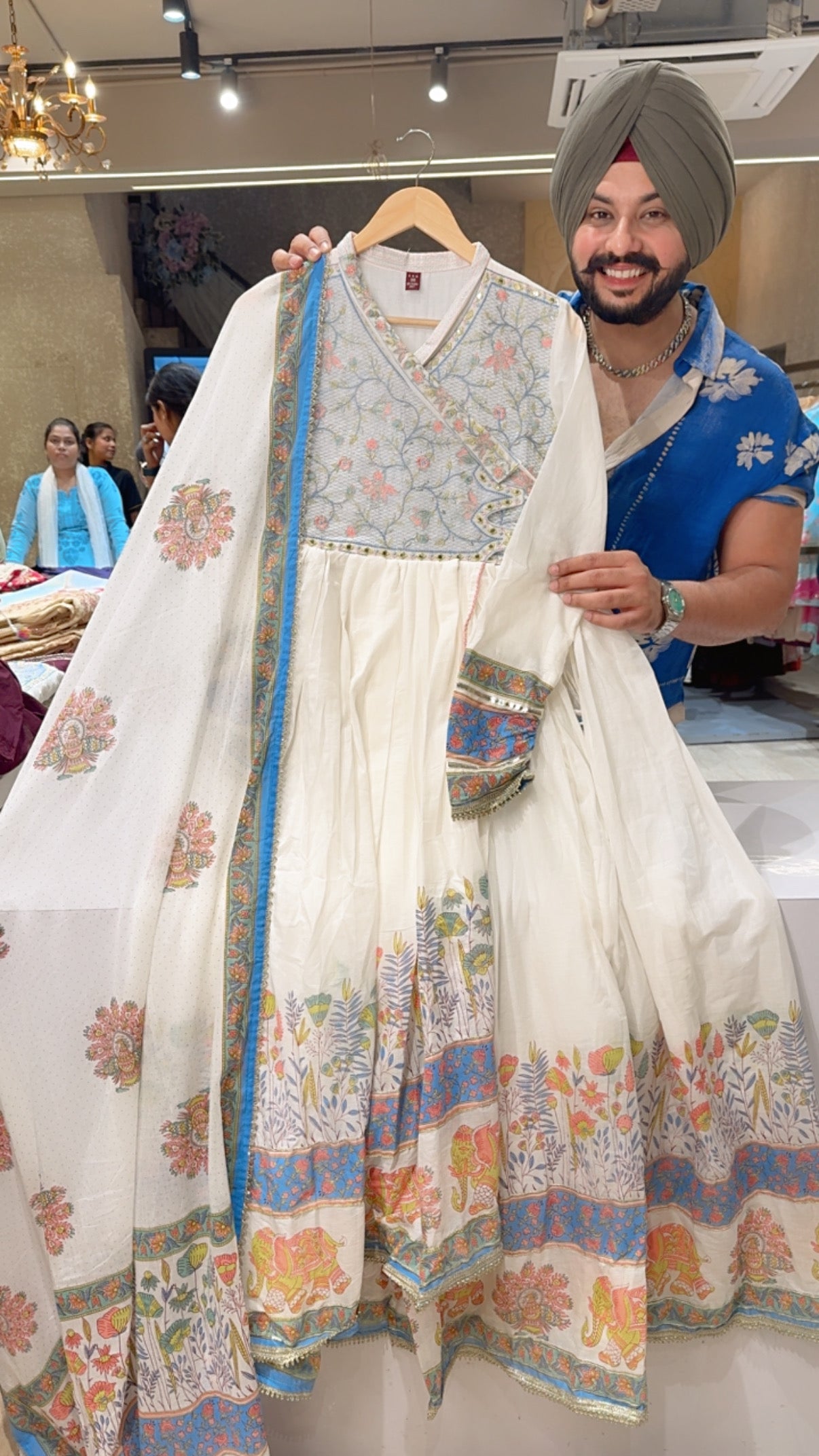 Moon White & Blue Mal Cotton Angrakha overlap slit Embroidered Full Flair Anarkali Gown With Beautiful Duppata