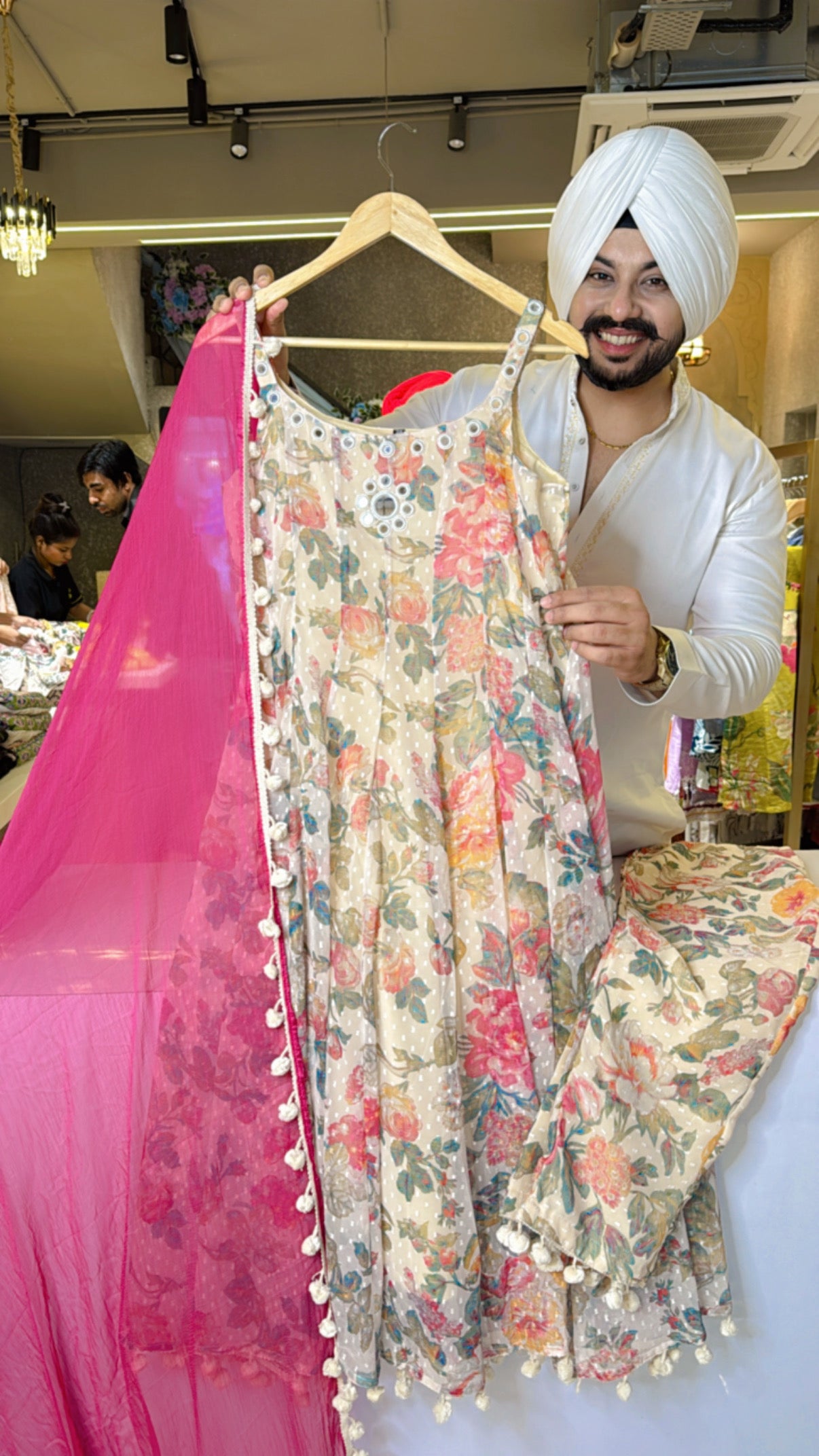 Light Beidge & Multicolored Noodle Sleeves Pom Pom Anarkali suit