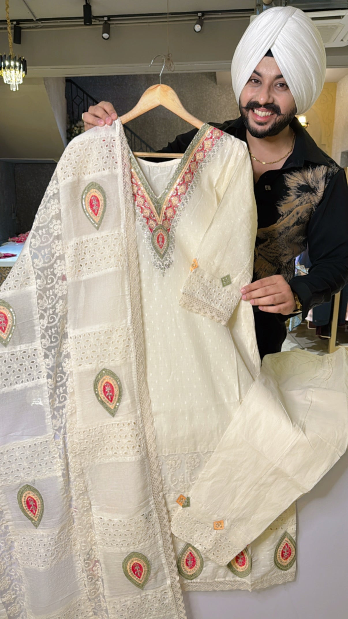 Off white Pure Kora Cotton V-neck Embroidered Pakistani Suit with Embroidered & Shifli Work Heavy Duppata